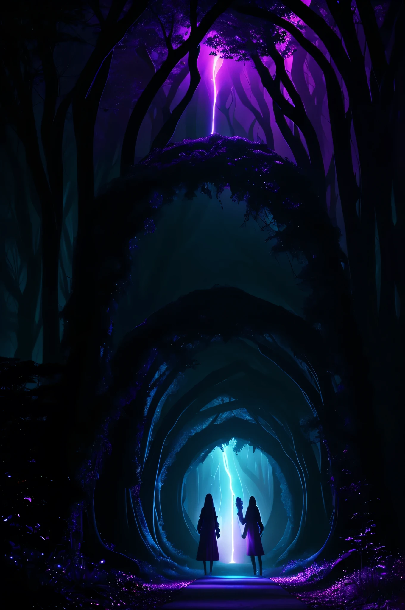 ENTRANCE TO A TUNNEL illuminated inside with an intense purple and orange light, at the entrance of the tunnel there are fantasy elements and giant mushrooms of different colors, it is night, the tunnel is made of earth or stone, dark and gloomy atmosphere, volumetric, cinematic lighting, very high quality