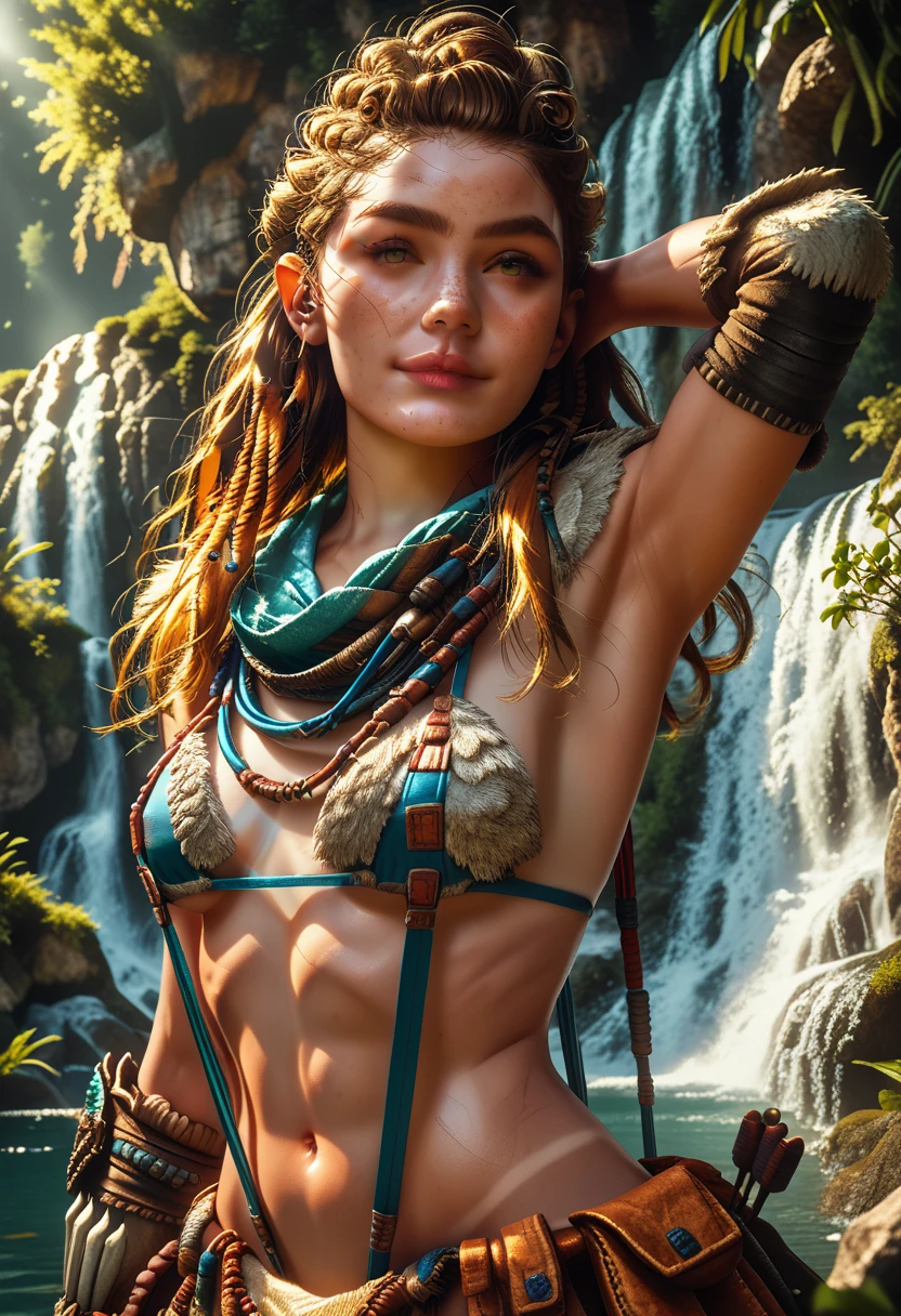 (Aloy:1.37), (Horizon Forbidden West Aloy:1.27),slim and toned, orange-brown hair, braids and hair ornaments, detailed green eyes, (best eyes), (freckles), light smile, (small bust:1.37), (wearing slingshot micro bikini:1.27), (armor), tan lines outside bikini edge, (thighs showing), ultra-detailed, (beautiful face), detailed lips, contrapposto stance, hand behind head, (cowboy shot:1.38), (wide angle:1.28), high resolution, 8k, 16k, outdoor mountain landscape background, warm lighting, vibrant color palette, d3t41l3d, (HFWAloy, 1girl, long hair) 