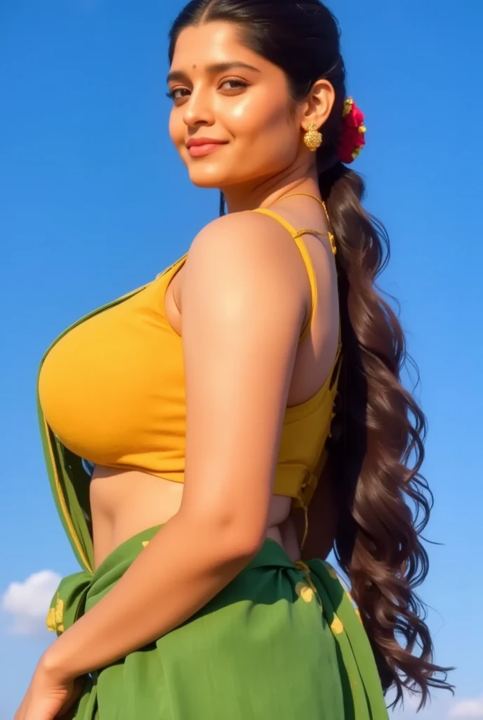 (masterpiece, best quality:1.2), 1girl, solo, Saree,1girl, armpits, bare arms, bare shoulders, blue background, blue sky, braid, breasts, brown hair, day, from side, gradient background, green skirt, hair ornament, head out of frame, large breasts, long hair, no bra, sideboob, skirt, sky, sleeveless, solo, tan, topless, underboob, yellow dress, yellow shirt