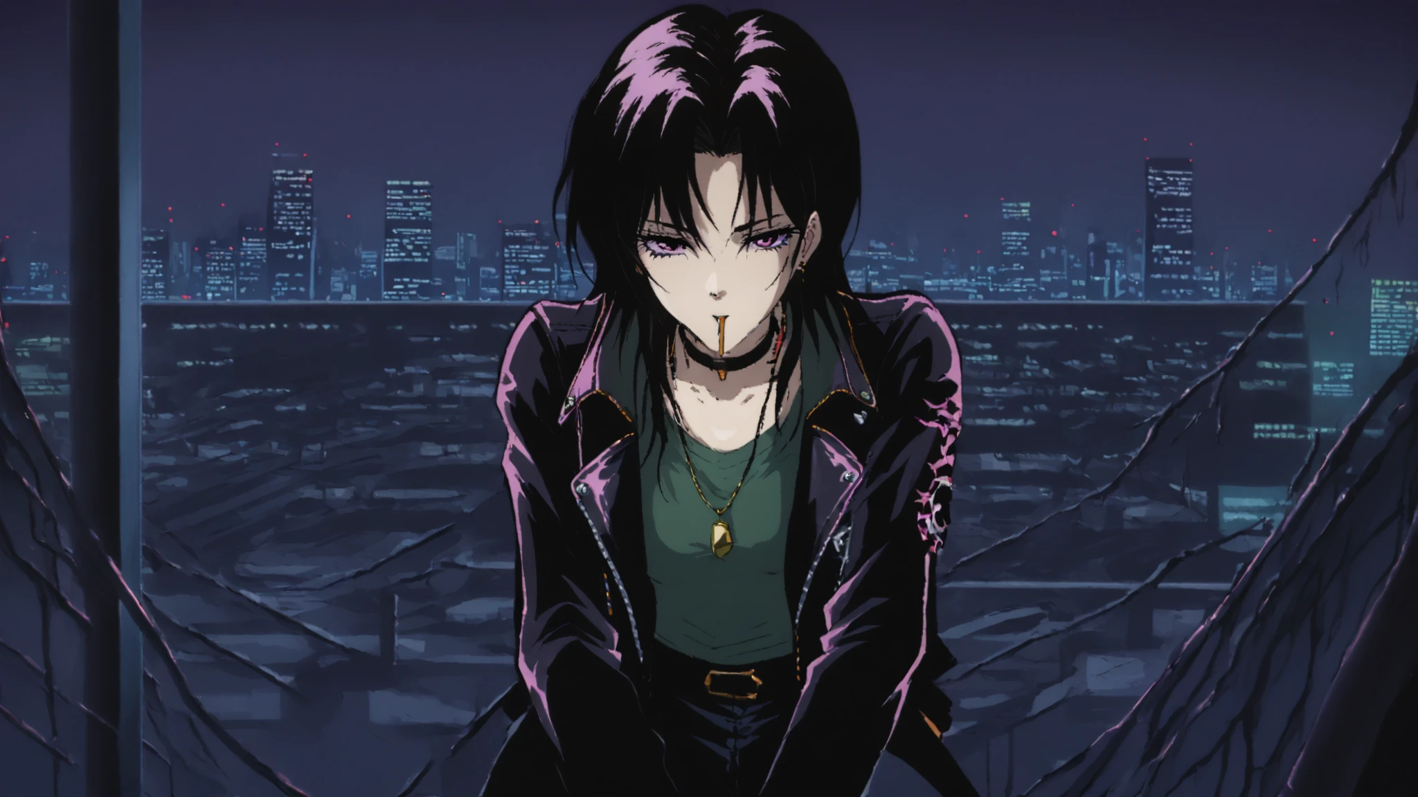 90's dark anime punk girl with aviators and long dark hair. A urban city in the background illuminates her. She wears a leather jacket over a green tank top and a choker necklace. She leans against a pillar with a cigarette in her mouth. There is an overall purple bluish tint to the scene and is zoomed out to show her and the city backdrop.