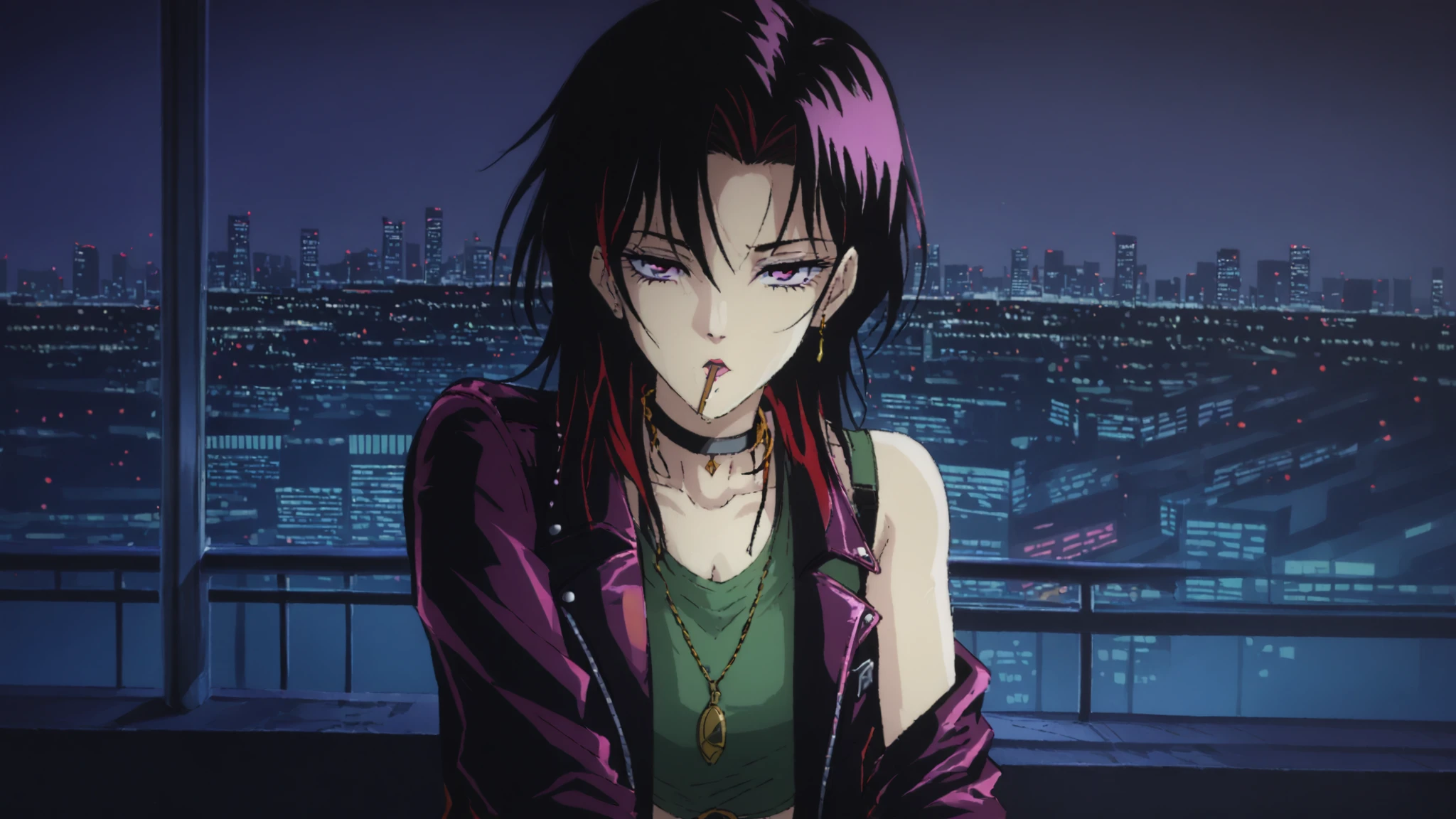 90's dark anime punk girl with aviators and long dark hair. A urban city in the background illuminates her. She wears a leather jacket over a green tank top and a choker necklace. She leans against a pillar with a cigarette in her mouth. There is an overall purple bluish tint to the scene and is zoomed out to show her and the city backdrop.