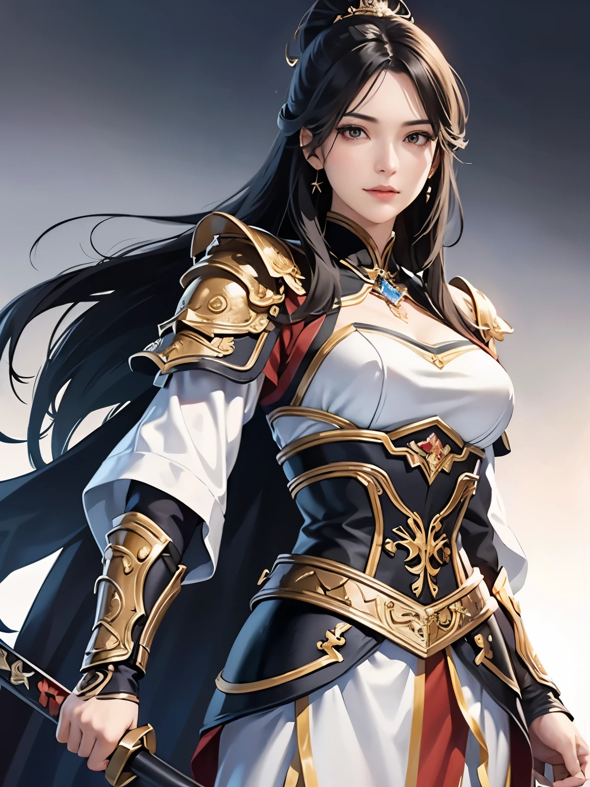 Beautiful black-haired woman :1.3, Amazing Character Art, Hanfu,(( pure white background)), ( top quality), handsome,Beautiful female knight, 2. 5D CGI fantasy artwork, detailed digital art , Very nice work of art, fan art best art station, (white velvet long cape ),(warrior:1.2)( No Emotion)1.2,Japan、Exquisitely drawn hands 、 I'm putting my hands on my lower back,He has a sword on his waist、 facing the front 、 The chest part of her armor is wide open、 chest is exposed、 wears a sword through the 、Chinese shrew,From the waist up、One woman