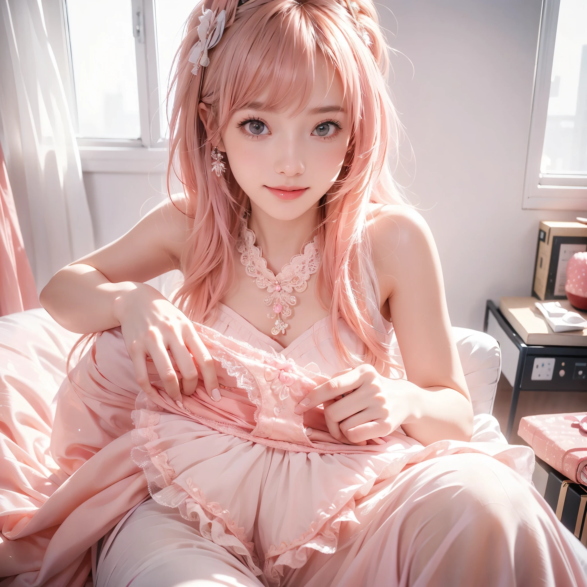 ((top-quality)), ((​masterpiece)), ((ultra-detailliert)), (extremely delicate and beautiful), peach pink hair, long straight hair, golden eyes, cute woman, wearing pink lolita dress, lolita dress with lace, cute smile, pink sash bows, tea party background,holding panties,presenting panties,Girl relaxing on pink sofa,A girl is laughing,Discarded underwear,A girl is smile,(a messy room full of piles of clothes and trash), detailed, photorealistic, 8k, hyperrealistic, extremely detailed, high quality,moody atmospherecomposition, dramatic angles, volumetric lighting, realistic textures, 4K, highly detailed, masterpiece