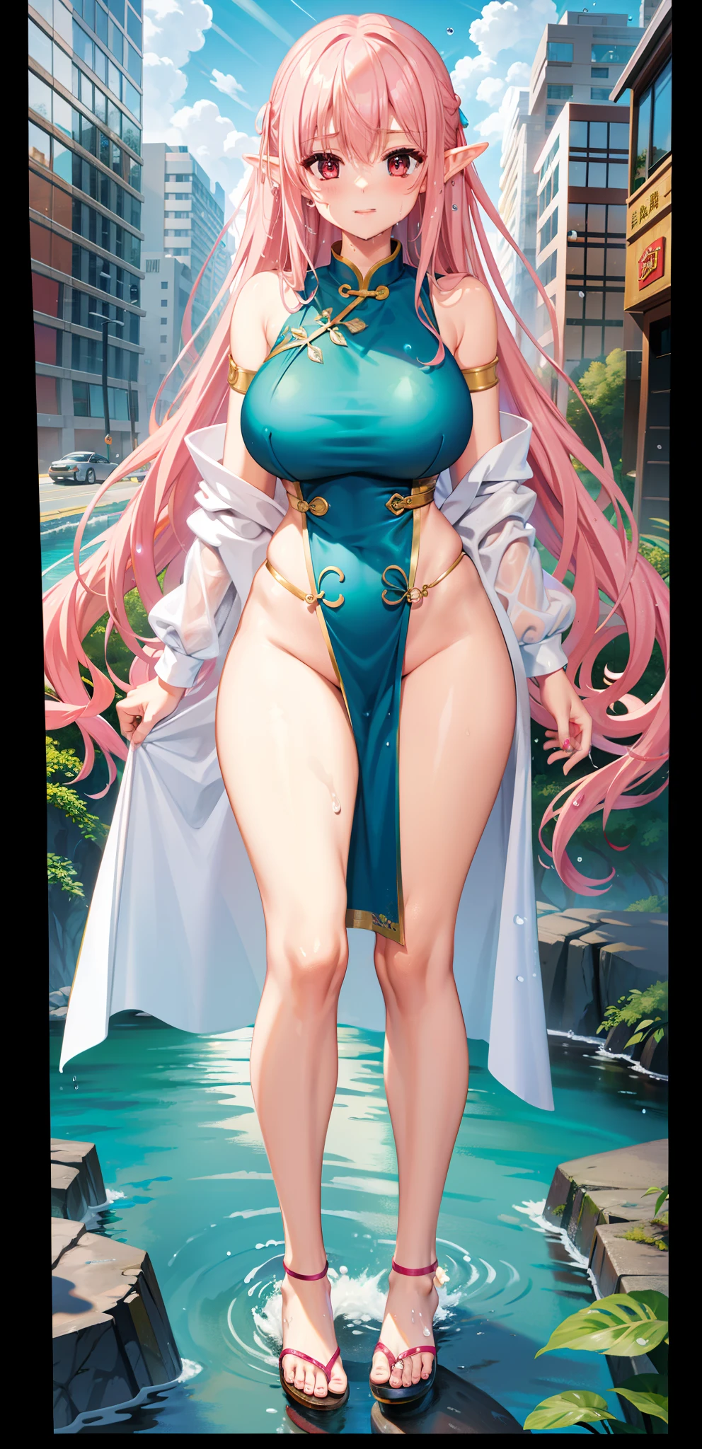 wife，  big breasts  ， bare torso ,    long pink hair，Elf ears，outcrop，cheongsam，纹胸，Big thighs ，Wet，Water Drops。Aho