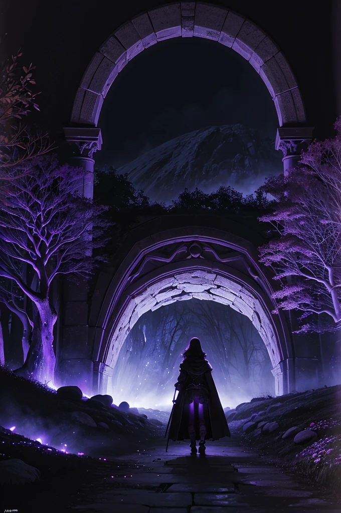 ENTRANCE TO A TUNNEL illuminated inside with an intense purple and orange light, at the entrance of the tunnel there are fantasy elements and giant mushrooms of different colors, it is night, the tunnel is made of earth or stone, dark and gloomy atmosphere, volumetric, cinematic lighting, very high quality