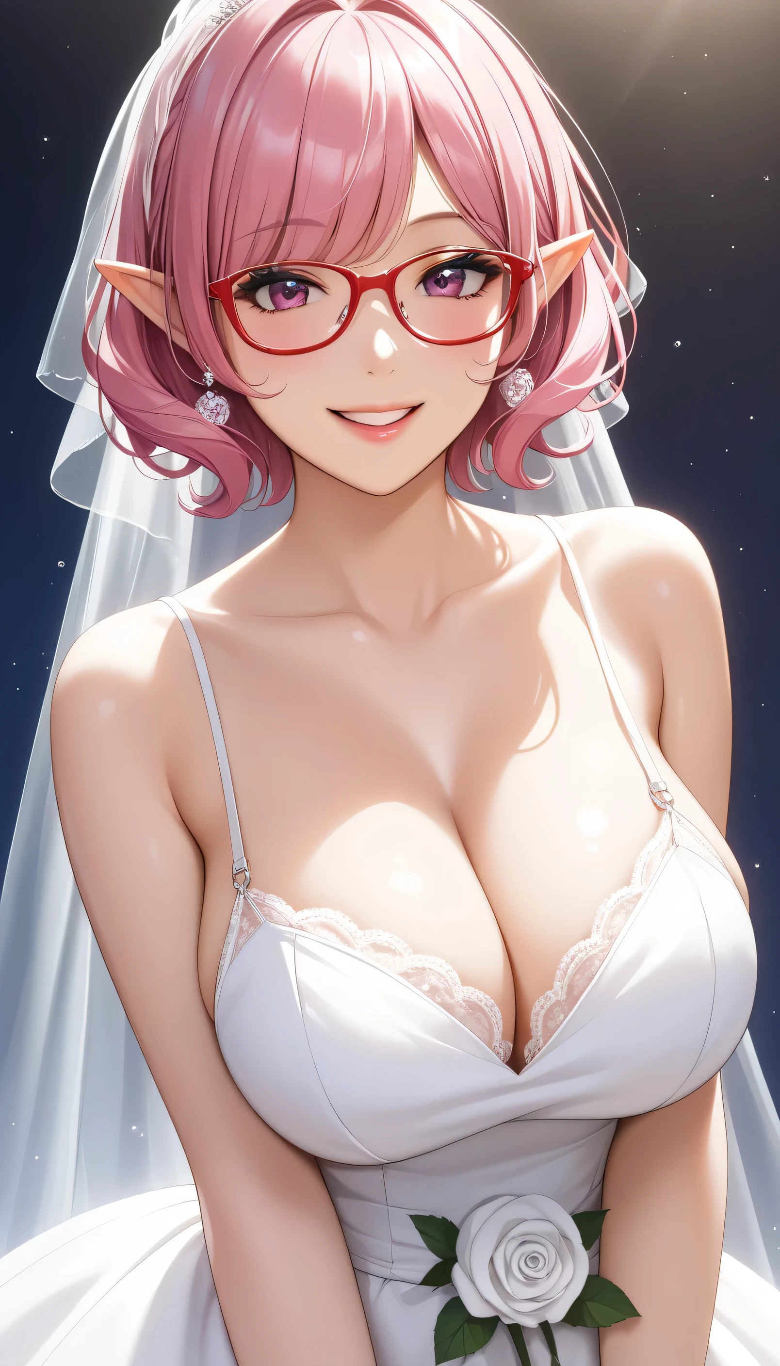 ( Max image   )、(  super high definition  )、(  super high definition  )、(  Details )、(( BEST CG  ))、( masterpiece )、High Definition Art、(  art :1.5)、(  Woman in a Pure White Dress  :1.3)、Beautiful profile:1.4、( smile:1.3)、Shining Jewels:1.2、(  surrounded by lots of white roses  :1.3)、( Age 27 years old、adult、Big Breasts(  short bob hair：1.5、 milky pink hair  ：1.5、))（(( red glasses with transparent lenses ：1.4 ))) )（ Elf Ears ：0.5）（  Magenta Eyes） )  Global Illumination、(((  beautiful white wedding dress with luxurious decorations 、  white with lots of lace and embroidery prom dress、  wedding white dress with lots of ruffles 、)))(((  looking here)))break (masterpiece、 top quality、16k portrait、UHD、Very Detailed Artwork 、 beautiful face down to the smallest detail、skin、hair) break ((  Amano Yoshitaka style illustration design :1.4)、(  Amano Yoshitaka Character Design :1.1)、(Edge Enhancement)、(Rough sketch:1)、(  Beautiful Artwork) break (、Adult women、 very pure white skin、 Big Breasts 、 slender body )、break 、(  cleavage) break (Pin-up Girl's Expression )、(  sexy pose of a pin-up girl ) break (  Nail Color Same as Eye Color ) break (  Extremely Soft Lighting)、(  pretty dry flower design background )、(  Drop Soft Shadows on the Wall :1.2)