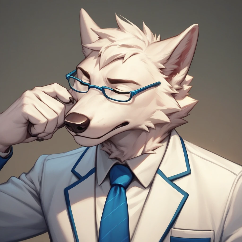 detailed art, appearance: Alone, furry, white wolf, Pompadour hairstyle, normal attitude, attire: A white suit, and a blue tie. He wears circular glasses, adding a formal look, bottom: magenta, pose: head tilted, adjusting his glasses, eyes closed, regular expression.