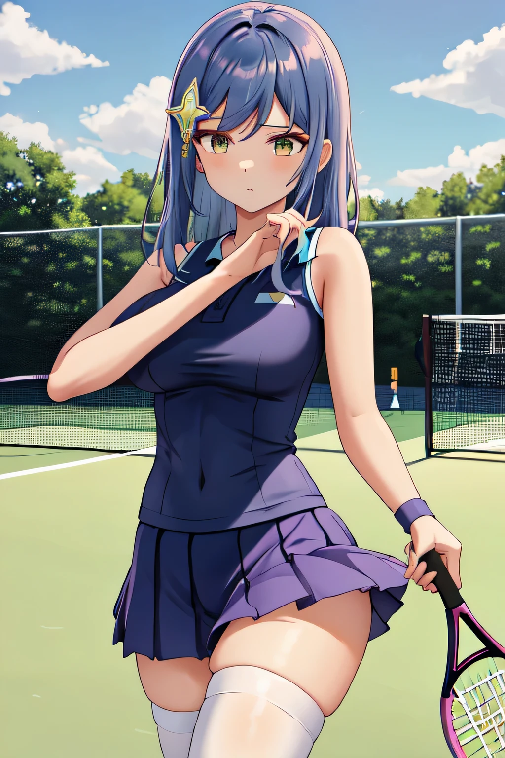 nsfw. She is wearing a blue tennis outfit, with her white undergarments visible. She holds a single tennis racket with both hands in a poised and focused manner. The lush green grass tennis court stretches out in the background. This scene radiates elegance, power, and athletic skill. Masterpiece , top quality, high definition , 1 girl hair ornament , white legwear 