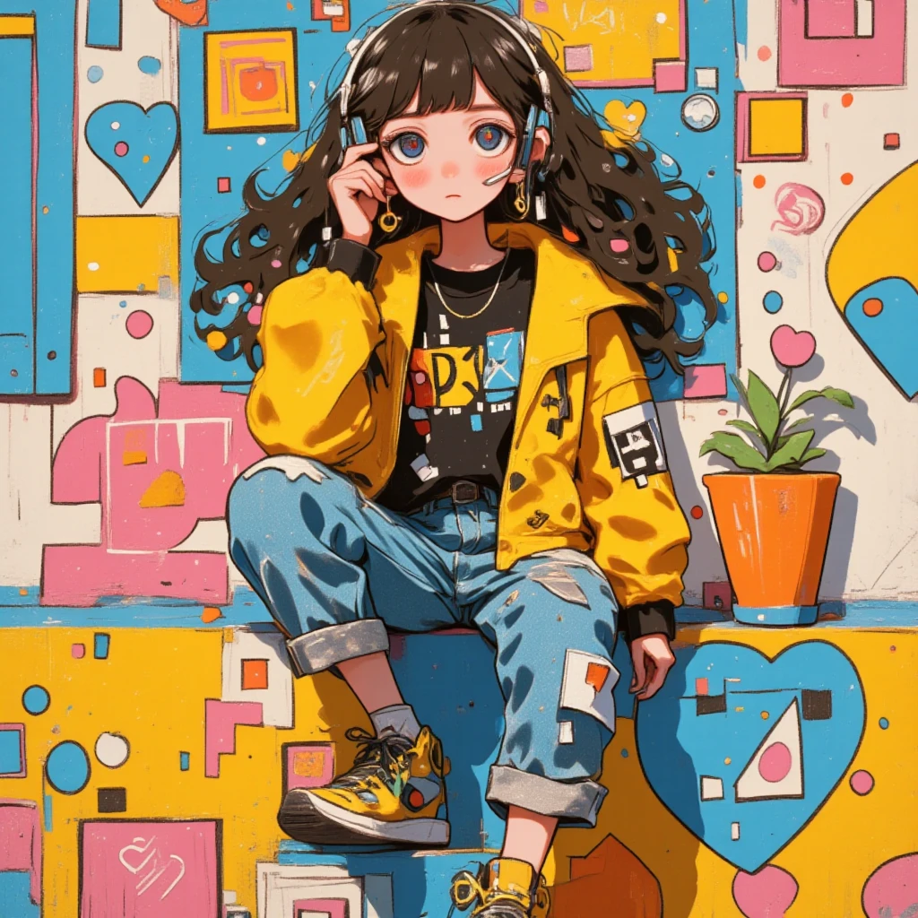  painting of a woman sitting on a wall smoking a cigarette ,  wearing headphones this one with her feet resting on the headphone Cross-footed edon,  sneakers ,  yellow coat jacket with geometric drawings ,  he falls on his shoulders ,  rolled-up jeans pants ,  the bottom of the wall is peeled with cyan colors ,  blue yellow and orange  , black sweatshirt with inscriptions , Look slightly down ,  with one hand on the cigarette ,  straight hair with a slit in the middle , Shiny hair,  cyberpunk art inspired by Yanjun Cheng ,  trend in artstation , street art,  artwork in the style of Guweiz , guweiz, Guweiz&#39;s masterpiece, Guweiz on ArtStation Pixiv, Cyberpunk streetwear, trending on cgstation, Guweiz on Pixiv Artstation, Style Ross Tran