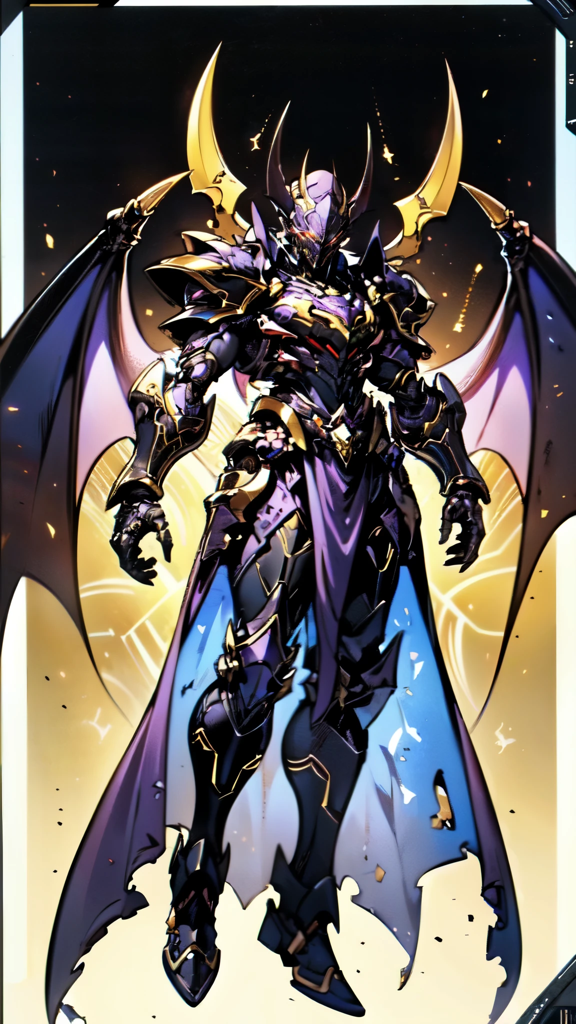 (masterpiece:1.5, best quality:1.5, extremely delicate:1.5), ((male:1.5)), a man wearing a full-face helmet, high-tech biomimetic armored combat suit, (a composite layered chest armor), the design balances heavy with agility, fully enclosed shoulder guards, matching arm and leg guards, a belt of gemstone, (the color scheme is primarily Red with Purple and Yellow accents, Organic Biotech, Concept Inspired by Vampire, glowing eyes, armor glows, huge cloak like devil wings), stand of a futuristic sci-fi city, this character embodies a finely crafted fantasy-style armored hero in anime style, exquisite and mature art style, metallic, high definition, highres, ultra-detailed, ultra-fine painting, professional, perfect body proportions, golden ratio, anatomically correct, symmetrical face, extremely detailed eyes and face, high quality eyes, creativity, RAW photo, UHD, 32k, Natural light, cinematic lighting, (masterpiece-anatomy-perfect:1.2)