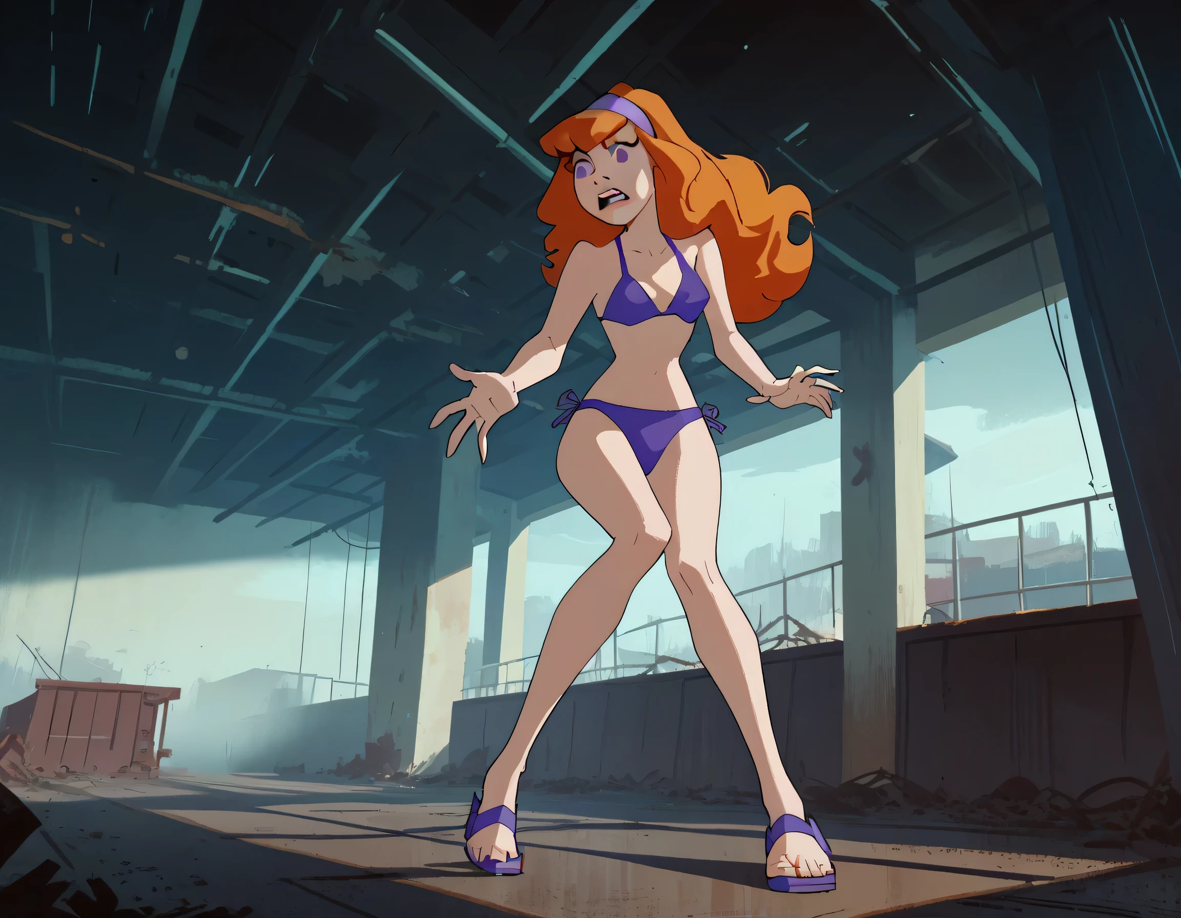 daphneb, 1girl, solo, long hair, hairband, orange hair, purple bikini , purple eyes , dynamic pose , scared face , long legs , abandoned factory , night time , low angle shots, score_9, score_8_up, score_7_up, score_6_up, score_5_up, score_4_up