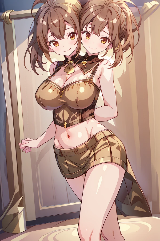 (masterpiece, best quality), best resolution, (3heads:2.0), 1girl, 16k resolution, highres, ultra quality, ultra resolution, ultra detail, FEDelthea, brown hair, (brunette:1.5), ponytail, smiling, soft smile, grinning, making a smug face, open belly, gold-brown-white crop top, gold-brown miniskirt, very skimpy mage attire, open breasts, very huge breasts, sexy pose, adult woman, (revealing attire:1.5), brown eyes, very detailed eyes,
