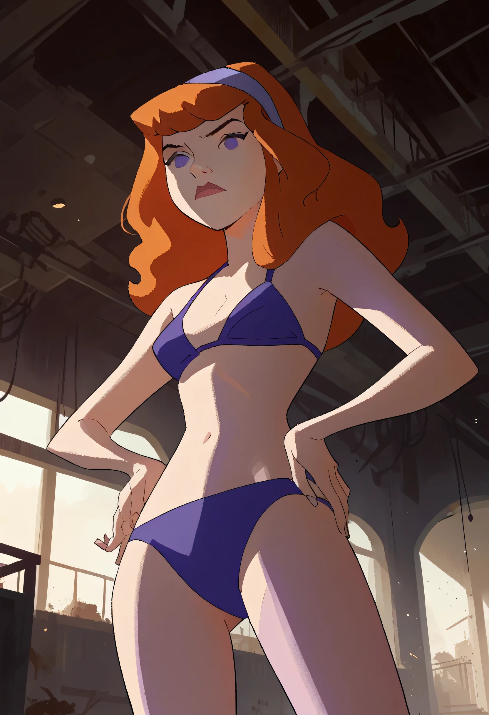 daphneb, 1girl, solo, long hair, hairband, orange hair, purple bikini , purple eyes , confused face , hands on the hips , abandoned factory , night time , low angle shots, score_9, score_8_up, score_7_up, score_6_up, score_5_up, score_4_up