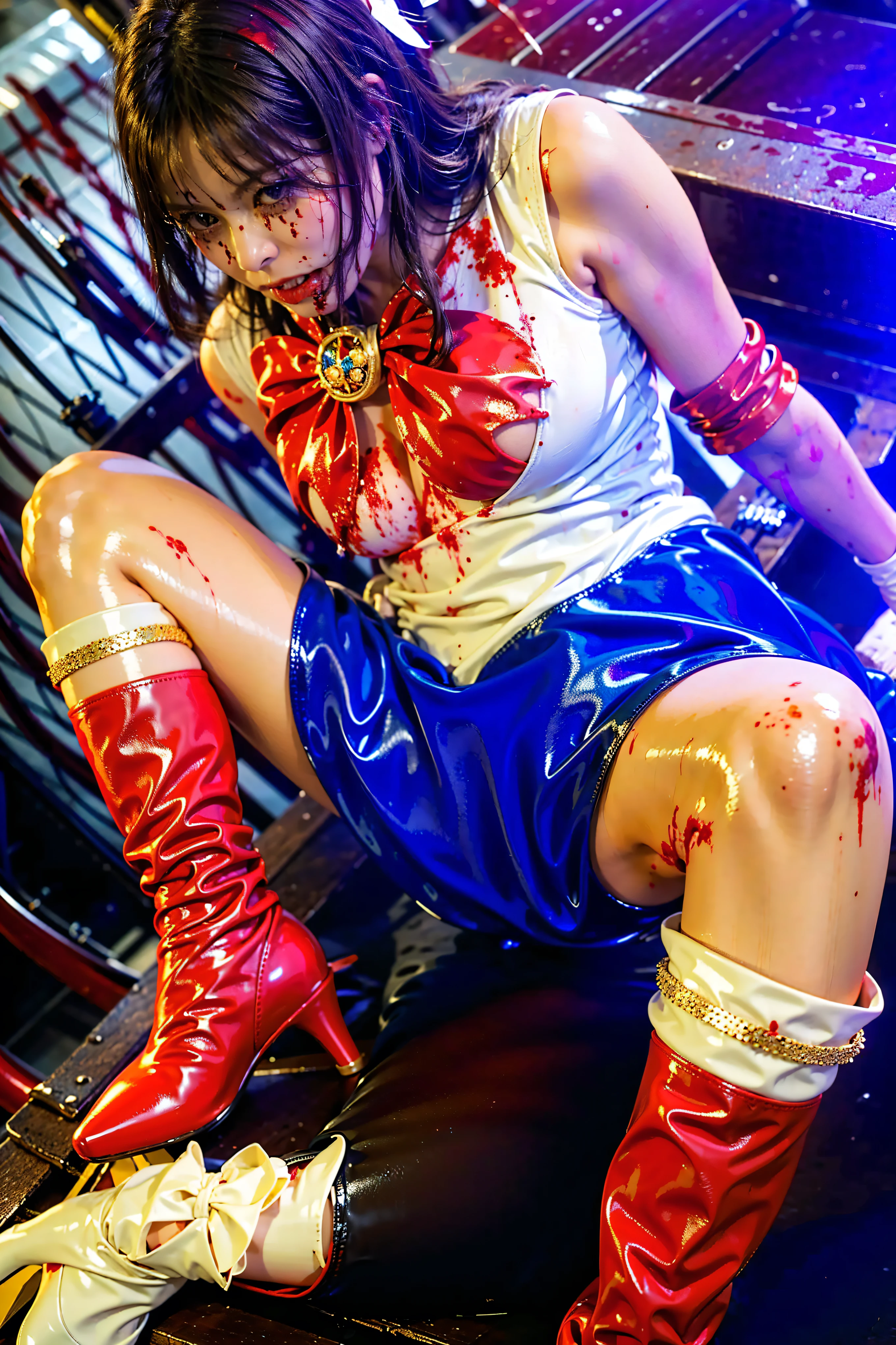 ((adds many Bloodstains on clothes:1.8)), ((blood dropping from mouth, heavy bleeding:1.3)), ((Erect nipples, huge breasts:1.6)), ((Best Quality, Advanced Details, masterpiece, super realistic pictures:1.3)), ((hyper real, high resolution, 32K, ultra high resolution:1.3)), ((Highly textured skin, High Quality Costume, surface scattering:1.3)), NSFW, gore, Ryona, Horror, tsukino usagi, tiara, sailor senshi uniform, blue sailor collar, bow, knee boots, choker, white gloves, red choker, elbow gloves, jewelry, earrings, blue skirt, ((latex leotard, brooch, giant ribbon, glossy latex skirt, Her clothes are stained with blood:1.8, pointed toe stiletto boots:1.5)), Patent leather shoes, Bloody costume, Shiny Red Lips, Ribbon on chest:1.5