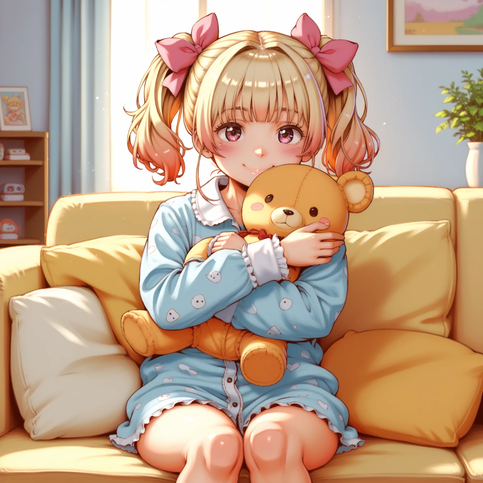 [high quality, best quality], cinematic, 1girl, solo, narumiya suzu, hair bow, pajamas, hugging stuffed toy, sitting on sofa, living room, smile, blush, bloom, hdr, 