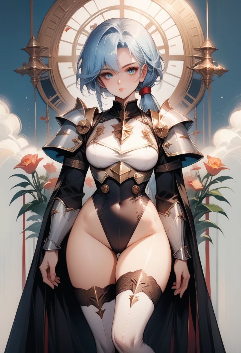 Solo,1 girl,light blue hair low ponytail,high leg leotard,military uniform,royal knight armor with noble carvings,breastplate,shoulder armor,body stockings,Knee-high socks and long boots,blue eyes,Glamorous curvaceous body, big breasts, thighs, crotch,masterpiece,super detailed,Matte,anime style,anime face,Anime painting,cute complete face,Azur Lane