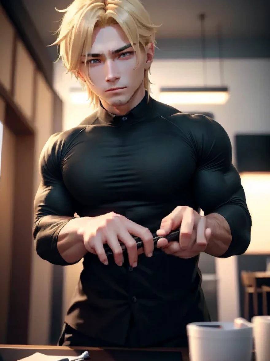 blonde handsome muscular man who looks like Leon kennedy of Resident Evil, mischievous smile, (small details: 1 in 1), natural muscles, higher quality, beautiful eye, (Detailed face and eyes), (face、: 1 of 2), noise, real pictures、... ...PSD, Sharp Focus, High Resolution 8k, Real & Professional Photography, 8K UHD, Soft Lighting, High Quality, Film Grain, FUJIFILM XT3