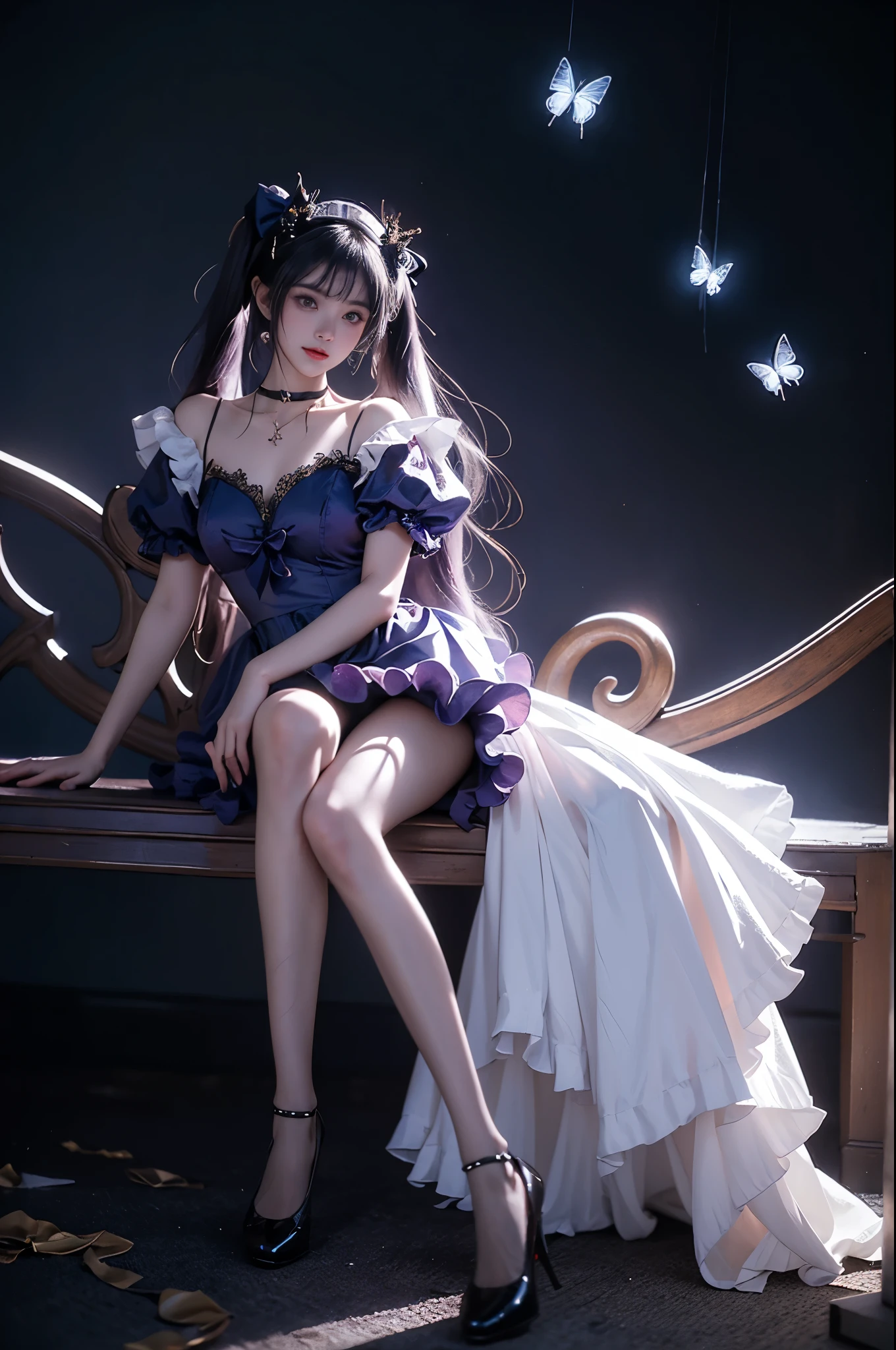 mona cosplay costume, mona, cosplay, alternate costume, purple hair, long hair, twintails, maid, enmaided, dress, maid apron, frilled apron, frilled dress, frills, puffy short sleeves, maid headdress, choker, gold chain, red bow, jewelry, ribbon, hair ornament, hair bow, fishnet pantyhose, print pantyhose, high heels ,, (photorealistic:1.2), beautiful young woman, (full body shot:1.4), elegant pose, sitting on stone bench, (anatomically perfect legs:1.4), (long slender legs:1.3), (graceful leg posture:1.2), elegant crossed legs, smooth knee definition, natural ankle position, (proper leg proportions:1.3), realistic leg muscles, perfect calf shape, (dark moody atmosphere:1.3), (rococo style:1.1), soft pastel colors, (plasma blue flames:1.2), (glowing butterflies:1.2), ethereal lighting, surreal elements, cinematic composition, intricate details, high fashion, flowing dress, perfect symmetry, studio lighting, high quality, masterpiece, 8k uhd, ornate details, dramatic shadows, rule of thirds composition,natural leg joints, correct knee placement, proper thigh length, anatomically correct ankles, realistic leg curvature, perfect leg symmetry, fashion model legs, professional leg pose, runway model proportions,wide shot, full figure, clear view, high-end fashion photography, professional photography, perfect composition, golden ratio
