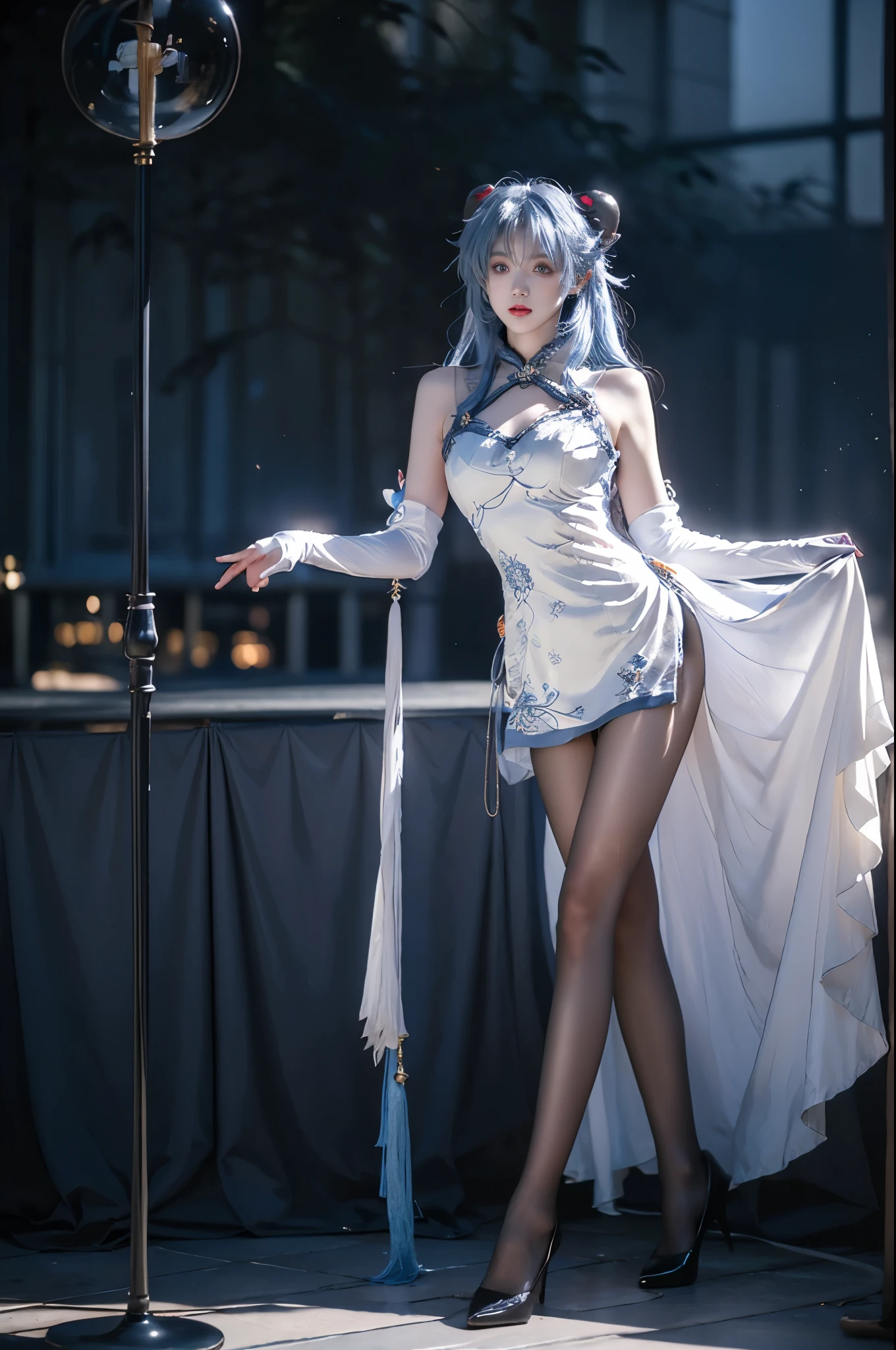 ganyu cosplay costume,ganyu,genshin impact,alternate costume,blue hair,long hair,ahoge,dress,chinese clothes,china dress,horns,goat horns,gloves,elbow gloves,pantyhose,black pantyhose,high heels ,, (photorealistic:1.2), beautiful young woman, (full body shot:1.4), elegant pose, sitting on stone bench, (anatomically perfect legs:1.4), (long slender legs:1.3), (graceful leg posture:1.2), elegant crossed legs, smooth knee definition, natural ankle position, (proper leg proportions:1.3), realistic leg muscles, perfect calf shape, (dark moody atmosphere:1.3), (rococo style:1.1), soft pastel colors, (plasma blue flames:1.2), (glowing butterflies:1.2), ethereal lighting, surreal elements, cinematic composition, intricate details, high fashion, flowing dress, perfect symmetry, studio lighting, high quality, masterpiece, 8k uhd, ornate details, dramatic shadows, rule of thirds composition,natural leg joints, correct knee placement, proper thigh length, anatomically correct ankles, realistic leg curvature, perfect leg symmetry, fashion model legs, professional leg pose, runway model proportions,wide shot, full figure, clear view, high-end fashion photography, professional photography, perfect composition, golden ratio