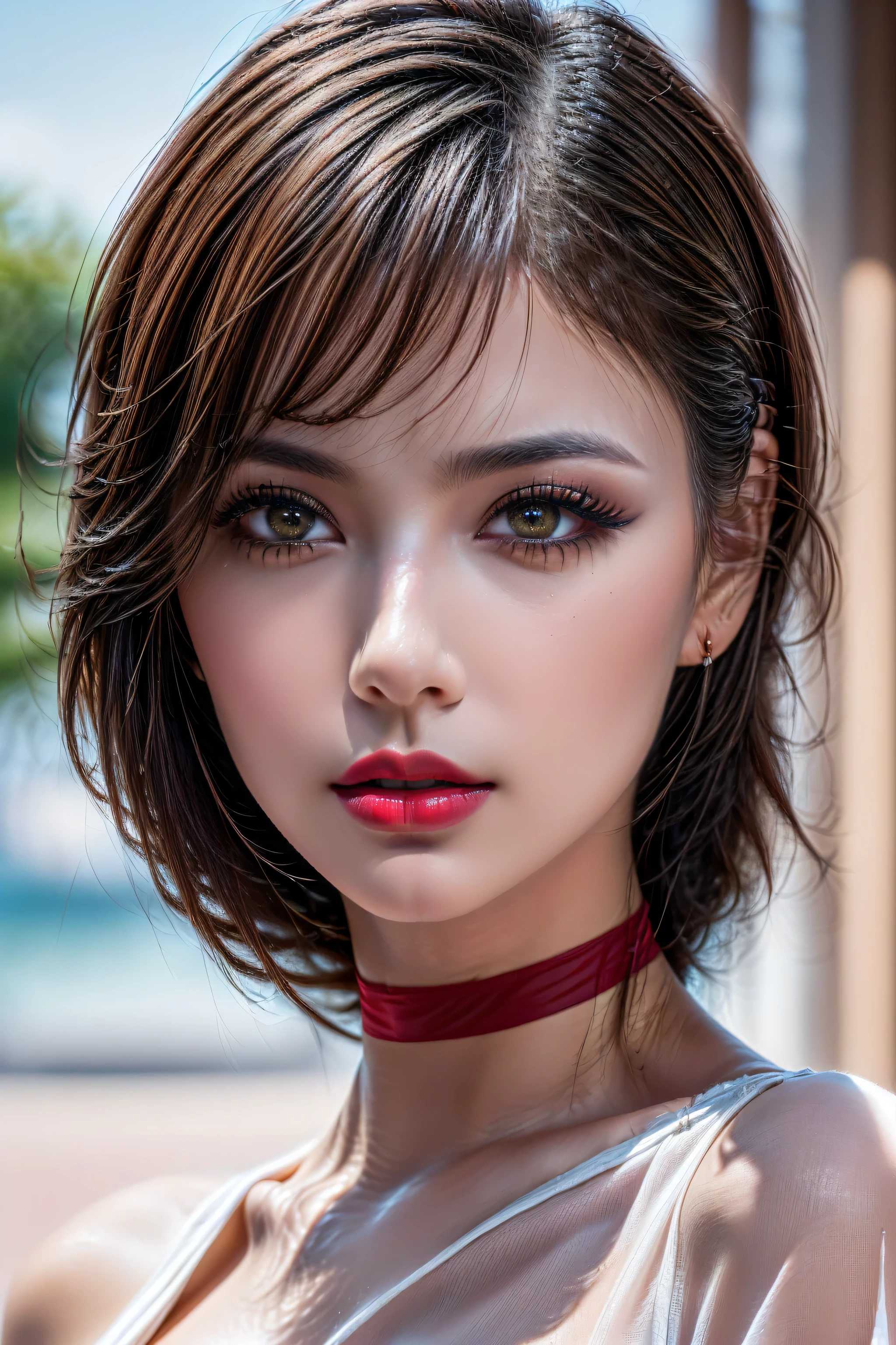 Realistic (photorealistic Realism 16K Quality), (high resolution detailed 8k), (ultra realistic details digital art), (best quality), (realistic texture details: perfect skin, smooth skin),(professional photography\), BRAKE , ((A very beautiful 1woman:1.3, 23yo, hot body, athletic body, brazilian,, perfect face, perfect symmetrically eyes, perfect lips, (firm and full breasts:1.2), beautiful cheekbones,(oiled and shiny skin:1.2),(discret smile, gentle expression),dslr,best high quality soft lighting,sharp focus captured by Fujifilm XT3,f 5.6,in a dramatic lighting\),(pale,smooth,silky,shiny), Hair\((short blonde hair, (slicked to the side) extremely detailed:1.33\)), Eyes\((sharp focus, not blurry, high resolution, absurd quality, Realistic brown_eyes:1.32)),((close-up of eyes:1.3)),((extremely fine details eyes)),((extra narrow eyebrows)), Carefully draw Long blue_eyelashes:1.2, (perfect round eyes:1.2),(finely detailed pupils, (extremely fine details pupils:1.3)),((extremely fine details of iris:1.3)),(professional makeup:1.3),(Shining, mesmerizing, Vibrant eyes:1.3),(professional makeup:1.3), (perfect dark_eyeshadows:1.45), detailed lips:1.3, (apply glossy red_lipstick:1.35), (pink_makeup:1.25\),(perfect proportions, anatomically correct), BRAKE , Costume\((choker,((oversized shirt,off shoulder, see through white shirt))),(intricate detailed outfit:1.3), BRAKE , Background\((taking a sunbath on a beautiful tropical beach)),(when drawing the hand please draw them very correctly for sure),better bare hands,(Normal hands,each hand five fingers),