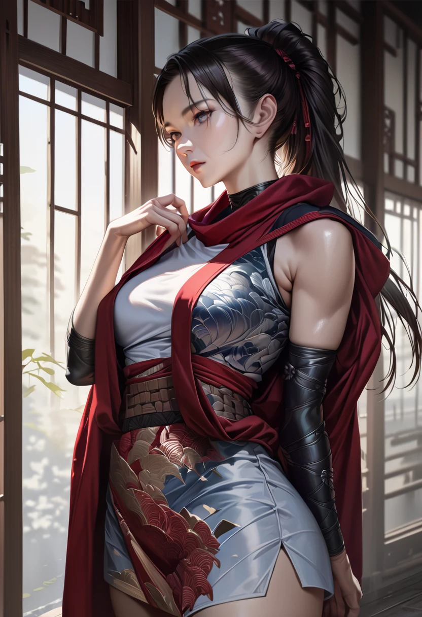 masterpiece,  top quality, ( realistic ,  1 girl , Alone,  beautiful face,  detailed face ,  beautiful eyes), (chest), Thighs,  long hair,  ponytail, 巨大なchestには, red, Ninja,  ninja artist , Exposing shoulders, Elbow hand pockets,  skirt curtain, Hand Fan, fan