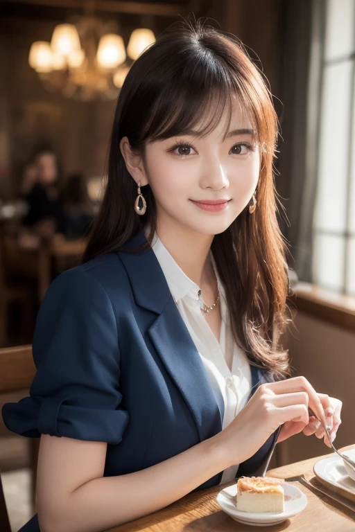 Highest quality:1.2), RAW Photos, High resolution, Very detailed, Intricate details, Two women standing side by side、Wavy Hair、、ear piercing、smile、Beautiful teeth alignment、Brown Hair(Front view, ), Clear beauty, Standing in office room, Upper Body, (High quality fabric, Office Lady Suit 、Necklace around the neck、, The background is the office
