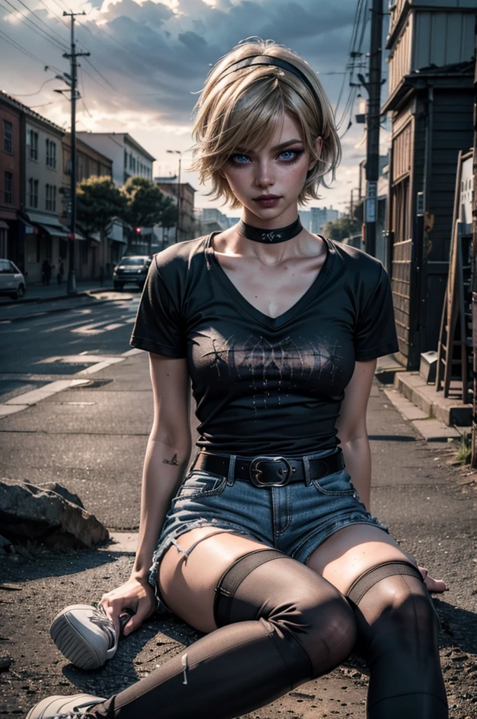 girl, short hair, blonde, zombie, torn clothes, round glasses broken lens, whole body, dirty body, injured body, deserted street, (best quality) (detailed description)