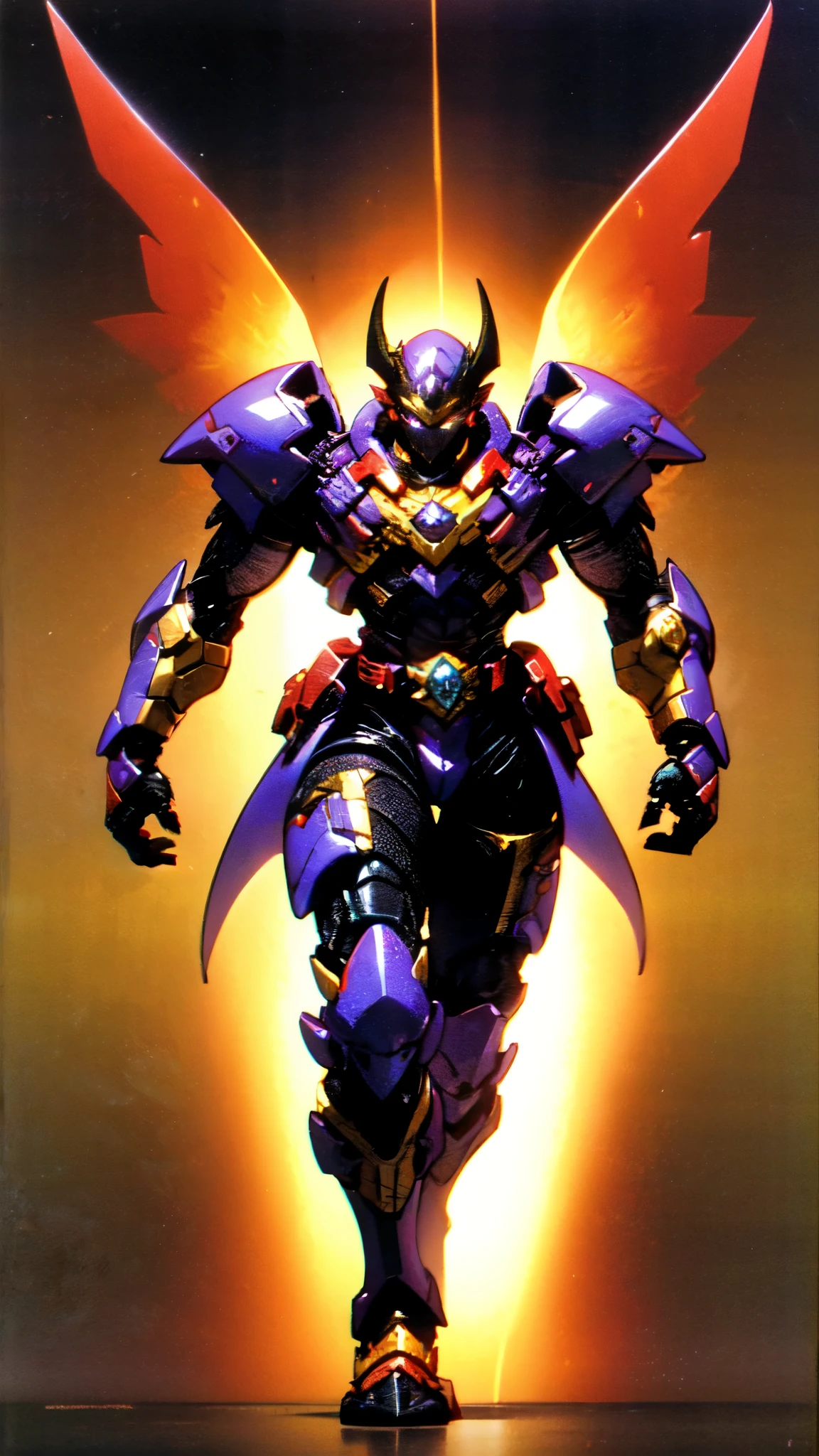 (masterpiece:1.5, best quality:1.5, extremely delicate:1.5), ((male:1.5)), a man wearing a full-face helmet, high-tech biomimetic armored combat suit, (a composite layered chest armor), the design balances heavy with agility, fully enclosed shoulder guards, matching arm and leg guards, a belt of gemstone, (the color scheme is primarily Red with Purple and Yellow accents, Organic Biotech, Concept Inspired by Vampire, glowing eyes, armor glows, huge cloak like devil wings), stand of a futuristic sci-fi city, this character embodies a finely crafted fantasy-style armored hero in anime style, exquisite and mature art style, metallic, high definition, highres, ultra-detailed, ultra-fine painting, professional, perfect body proportions, golden ratio, anatomically correct, symmetrical face, extremely detailed eyes and face, high quality eyes, creativity, RAW photo, UHD, 32k, Natural light, cinematic lighting, (masterpiece-anatomy-perfect:1.2)