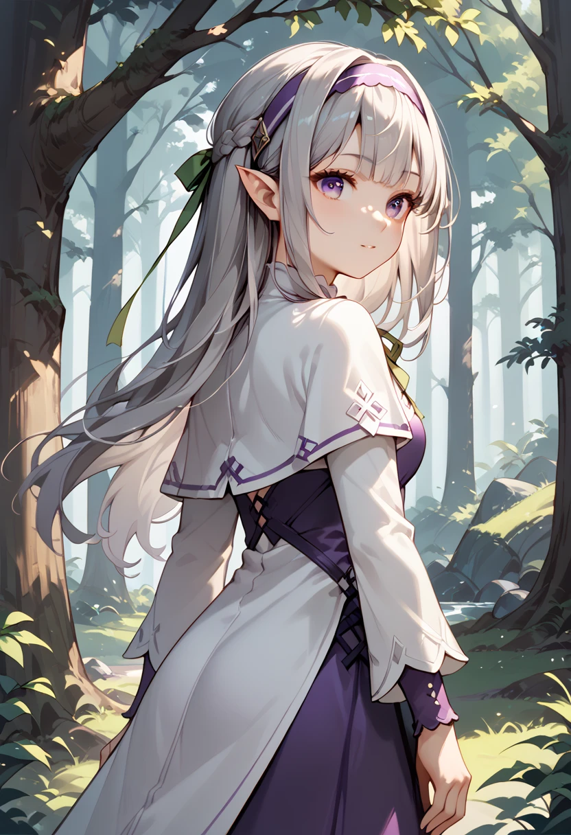  1 girl , forest, behind the tree ,  purple eyes,  headband,  long hair, Grey Hair, pointy ears,  short bang,  white capelet, Purple Dress, Green ribbon,  Long Sleeve ,