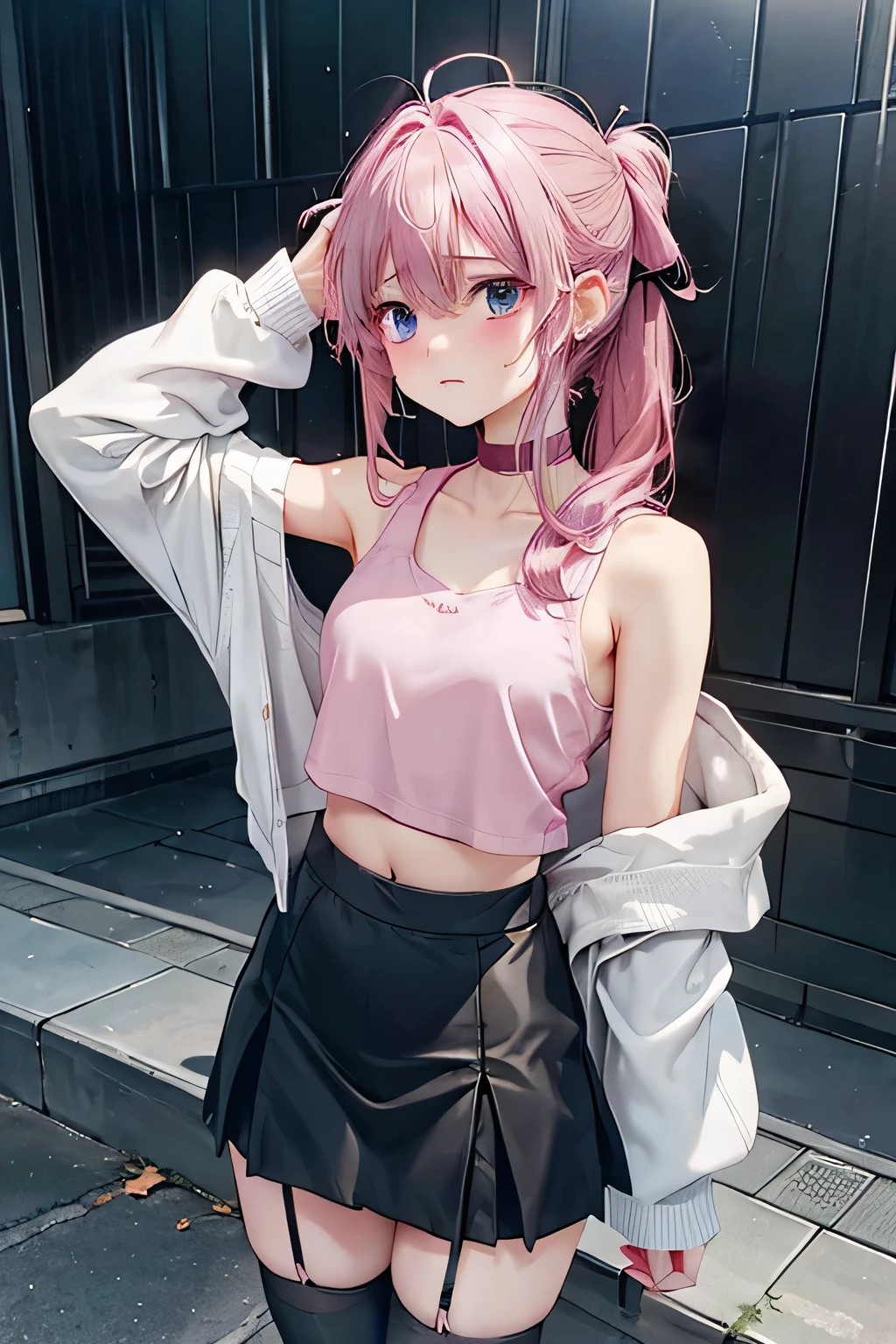anime、 1 girl 、valley、 slender 、pants、Loose clothing、Baggy clothes、 clothes that allow you to see the chest 、Shoulder Bare、Clothes that stick out your shoulders 、 out of your belly button、 stockings、 skirt、 pink hair、 super detailed、 top quality、masterpiece、 high definition 、The world is on the verge of ending、dark、 standing、feet、despair、 No Emotion、Depressed、rain、tears、despair、disappointment、 hairstyle with my hair pulled up and tied back、Messy hair