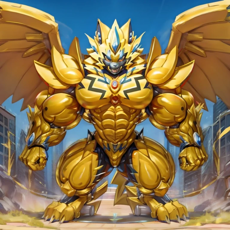 Appearance
(1) Zeraora in a giant robot exoskeleton, matching its design.
(2) Full body, detailed head, abs, and physique.
(3) Gigantic, well-defined muscles with a bodybuilder look (pecs, traps, triceps), enhanced by a tight, hyper-muscular latex muscle suit that contours and exaggerates every muscle.
(4) Size: Zeraora is as large as a continent, casting a shadow over the landscape.

Armor
(1) Cyberpunk mecha armor, fully made of metal, layered over the latex muscle suit.
(2) Robotic suit emphasizing muscles and cyborg appearance.
(3) Golden large wings.
(4) Shiny metal body with an exaggerated muscle build.

Action
(1) Destroying the city, causing destruction.
(2) Expression: Zeraora has an arrogant expression.

full body,