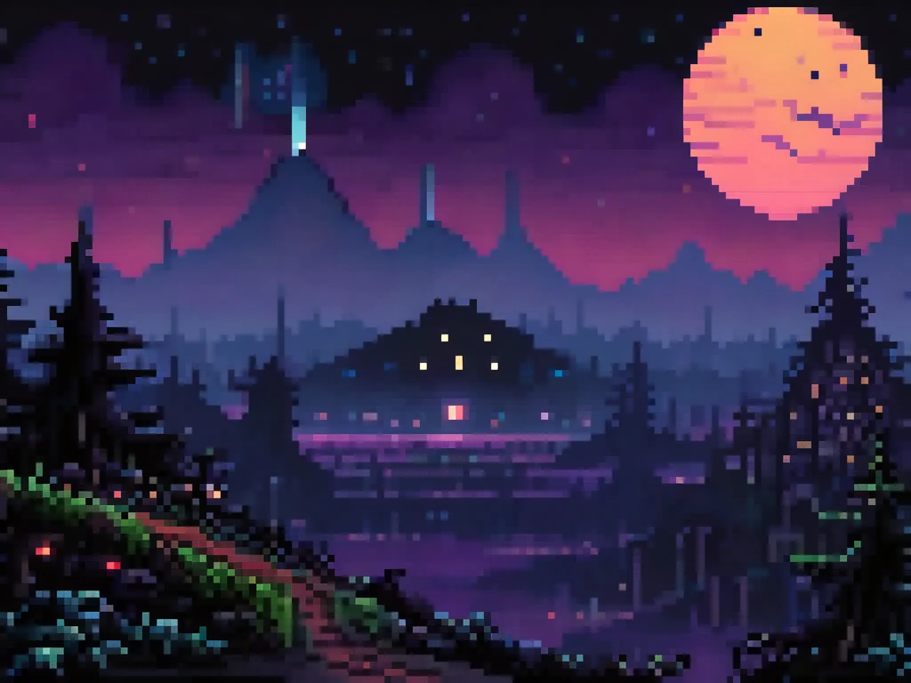 I want to create a pixelart-retro horror background to make my video game something minimalist with drawn lines and that there are strange monsters drawn and that if possible it's a black background and that you can see stars and 2 worlds in the distance