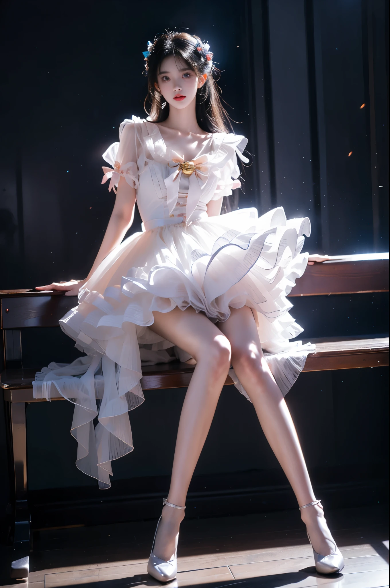 cyb dress, puffy short sleeves, bow ,, (photorealistic:1.2), beautiful young woman, (full body shot:1.4), elegant pose, sitting on stone bench, (anatomically perfect legs:1.4), (long slender legs:1.3), (graceful leg posture:1.2), elegant crossed legs, smooth knee definition, natural ankle position, (proper leg proportions:1.3), realistic leg muscles, perfect calf shape, (dark moody atmosphere:1.3), (rococo style:1.1), soft pastel colors, (plasma blue flames:1.2), (glowing butterflies:1.2), ethereal lighting, surreal elements, cinematic composition, intricate details, high fashion, flowing dress, perfect symmetry, studio lighting, high quality, masterpiece, 8k uhd, ornate details, dramatic shadows, rule of thirds composition,natural leg joints, correct knee placement, proper thigh length, anatomically correct ankles, realistic leg curvature, perfect leg symmetry, fashion model legs, professional leg pose, runway model proportions,wide shot, full figure, clear view, high-end fashion photography, professional photography, perfect composition, golden ratio