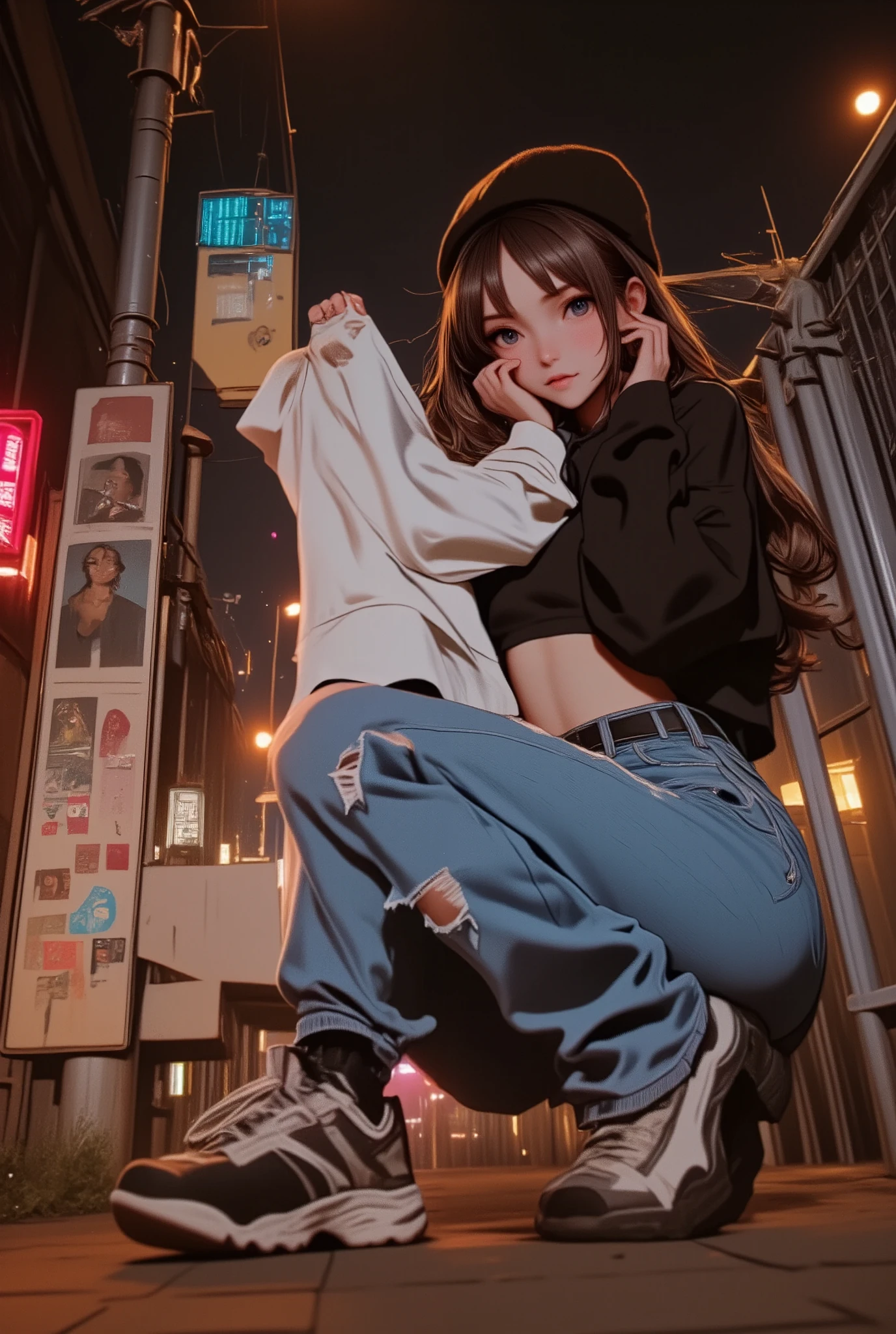 , An anime Rafa woman wearing a white shirt and ripped blue jeans , She wears a wool hat , long brown hair,  she holds a hand to her mouth ,  sensual smile looks at the camera ,  she is crouching down holding onto a railing ,  leaning against a fence ,  a portrait of Lambert Doomer  ,  Instagram , Fine Arts, Pose casual, attractive pose, pose sexy, She is wearing street clothes, baggy jeans, pose genial, side posture,  Julia Razumova style , casual photography, with a pose genial,  thin waist and wide hips 