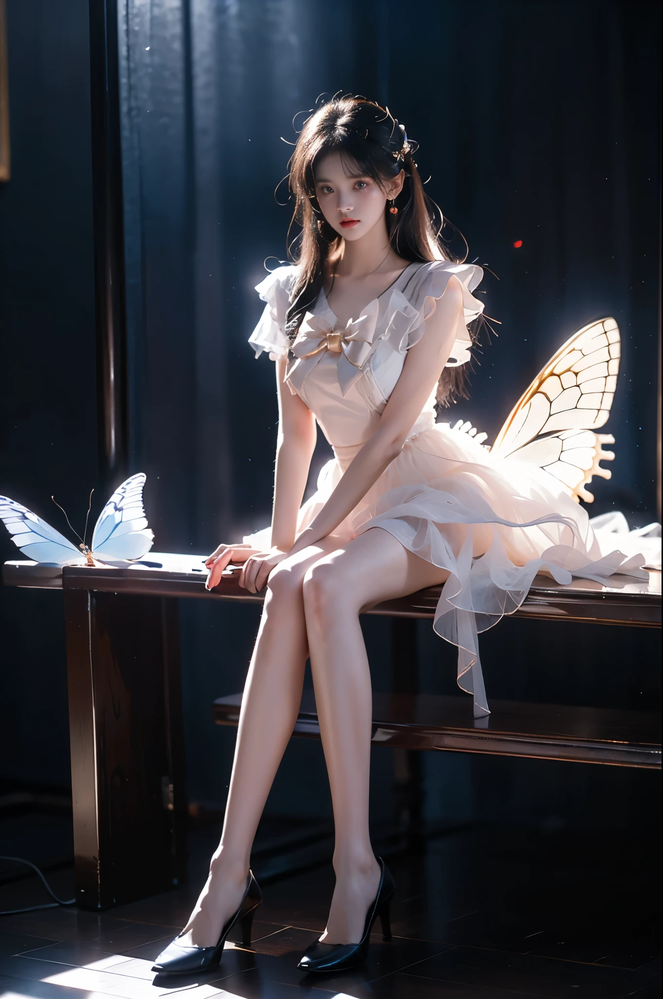 cyb dress, puffy short sleeves, bow ,, (photorealistic:1.2), beautiful young woman, (full body shot:1.4), elegant pose, sitting on stone bench, (anatomically perfect legs:1.4), (long slender legs:1.3), (graceful leg posture:1.2), elegant crossed legs, smooth knee definition, natural ankle position, (proper leg proportions:1.3), realistic leg muscles, perfect calf shape, (dark moody atmosphere:1.3), (rococo style:1.1), soft pastel colors, (plasma blue flames:1.2), (glowing butterflies:1.2), ethereal lighting, surreal elements, cinematic composition, intricate details, high fashion, flowing dress, perfect symmetry, studio lighting, high quality, masterpiece, 8k uhd, ornate details, dramatic shadows, rule of thirds composition,natural leg joints, correct knee placement, proper thigh length, anatomically correct ankles, realistic leg curvature, perfect leg symmetry, fashion model legs, professional leg pose, runway model proportions,wide shot, full figure, clear view, high-end fashion photography, professional photography, perfect composition, golden ratio