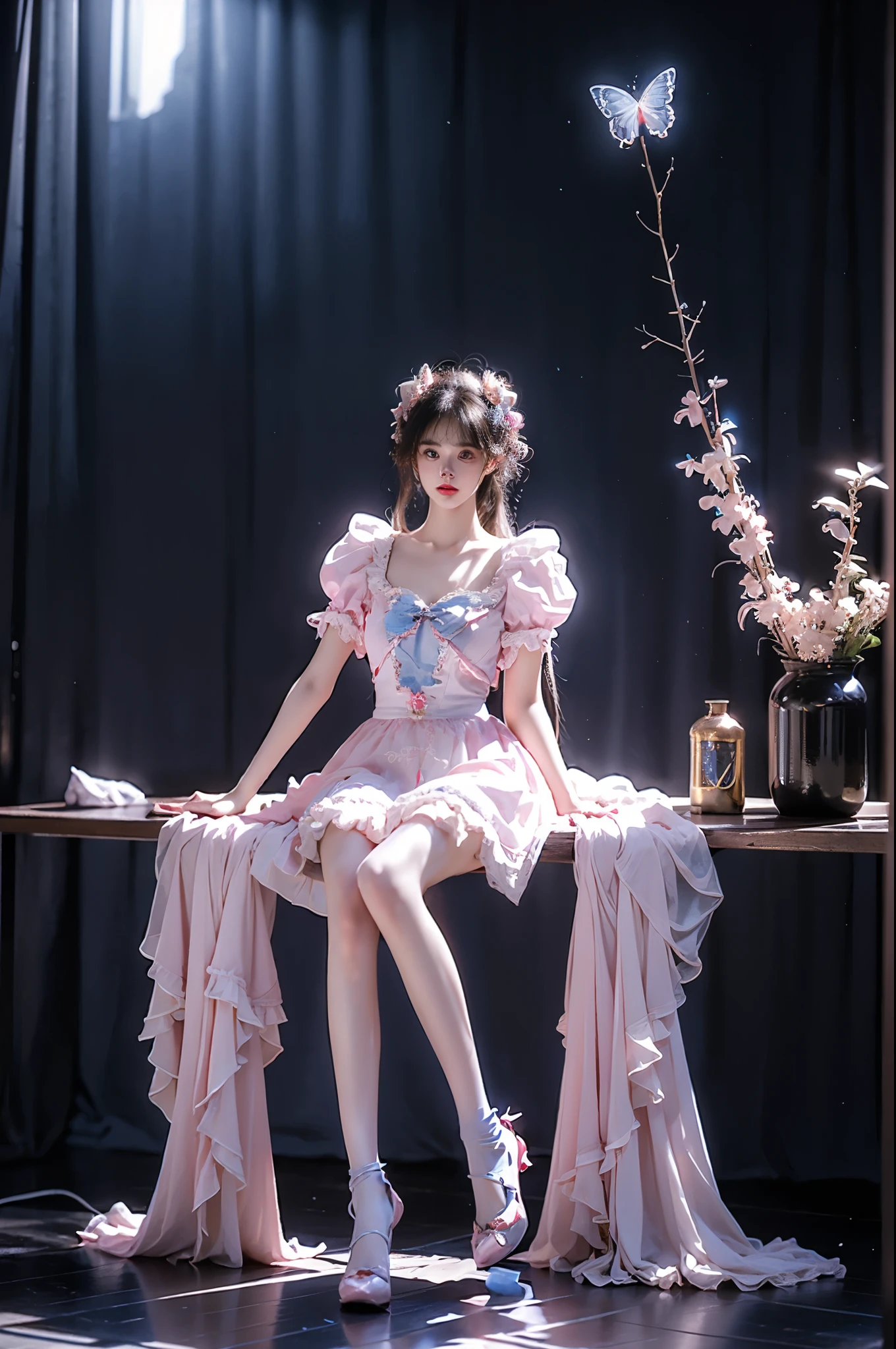 cyb dress, bow, apron, frills, puffy short sleeves, ,, (photorealistic:1.2), beautiful young woman, (full body shot:1.4), elegant pose, sitting on stone bench, (anatomically perfect legs:1.4), (long slender legs:1.3), (graceful leg posture:1.2), elegant crossed legs, smooth knee definition, natural ankle position, (proper leg proportions:1.3), realistic leg muscles, perfect calf shape, (dark moody atmosphere:1.3), (rococo style:1.1), soft pastel colors, (plasma blue flames:1.2), (glowing butterflies:1.2), ethereal lighting, surreal elements, cinematic composition, intricate details, high fashion, flowing dress, perfect symmetry, studio lighting, high quality, masterpiece, 8k uhd, ornate details, dramatic shadows, rule of thirds composition,natural leg joints, correct knee placement, proper thigh length, anatomically correct ankles, realistic leg curvature, perfect leg symmetry, fashion model legs, professional leg pose, runway model proportions,wide shot, full figure, clear view, high-end fashion photography, professional photography, perfect composition, golden ratio