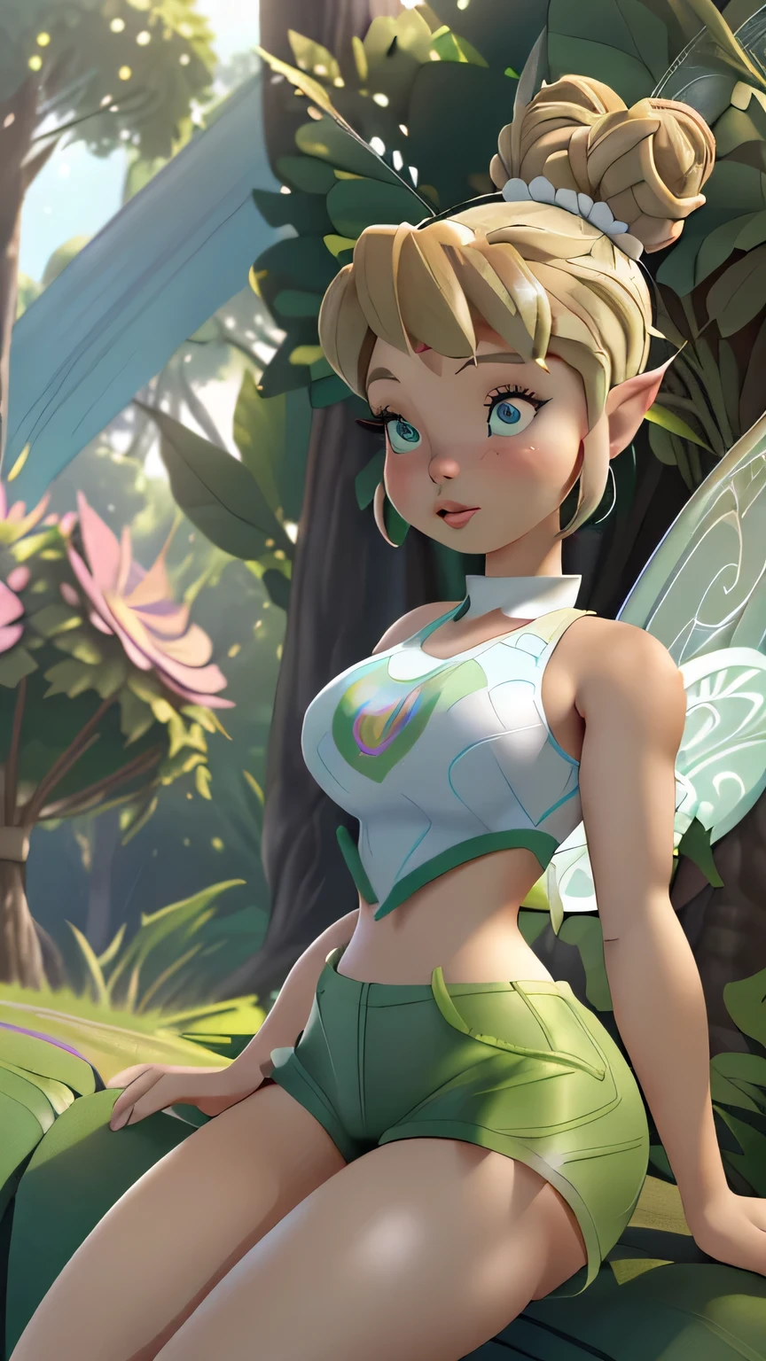 1girl in, 18, Tinkerbell Waifu, photo of perfect woman, miniature ferry, Solo, (miniature girl and a huge world: 1.2), Aesthetic artwork, (single bun, short hair, Short blonde hair in the bun:1.25), (some small freckles, pale skin, large breasts, DD-cup, runners body, very thin waist, skinny, petite, detailed skin texture), (fairy wings, big fairy wings, fairy ears: 1.33), ((she is wearing a green Lola Bunny costume, space jam uniform, white crop tank top, white short shorts, space jam emblem: 1.5), (sitting at the base of an absolutely massive tree dwang everything around it, godrays shining down through the trees, seductive eyes, glossy lips, focus on breasts:1.2), (surrounded by huge flowers and trees, tiny girl surrounded by giant objects, detailed outdoor park:1.3), (extremely detailed 8k wallpaper), soft lighting, high quality, film grain, Fujifilm XT3 sharp focus, f 5.6, 50mm, High Detail, Sharp focus,(natural light), crazy details, complex details, hyper detailed. (cowboy photo:1.2), light particles, sfw