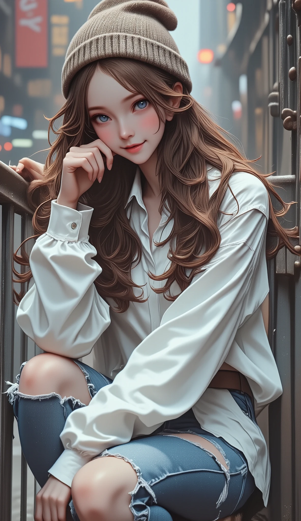 ,  a Rafa woman wearing a white shirt and torn blue jeans , She wears a wool hat , long brown hair,  she holds a hand to her mouth ,  sensual smile looks at the camera ,  she is crouching down holding onto a railing ,  leaning against a fence ,  a portrait of Lambert Doomer  ,  Instagram , Fine Arts, Pose casual, attractive pose, pose sexy, She is wearing street clothes, baggy jeans, pose genial, side posture,  Julia Razumova style , casual photography, with a pose genial,  thin waist and wide hips 