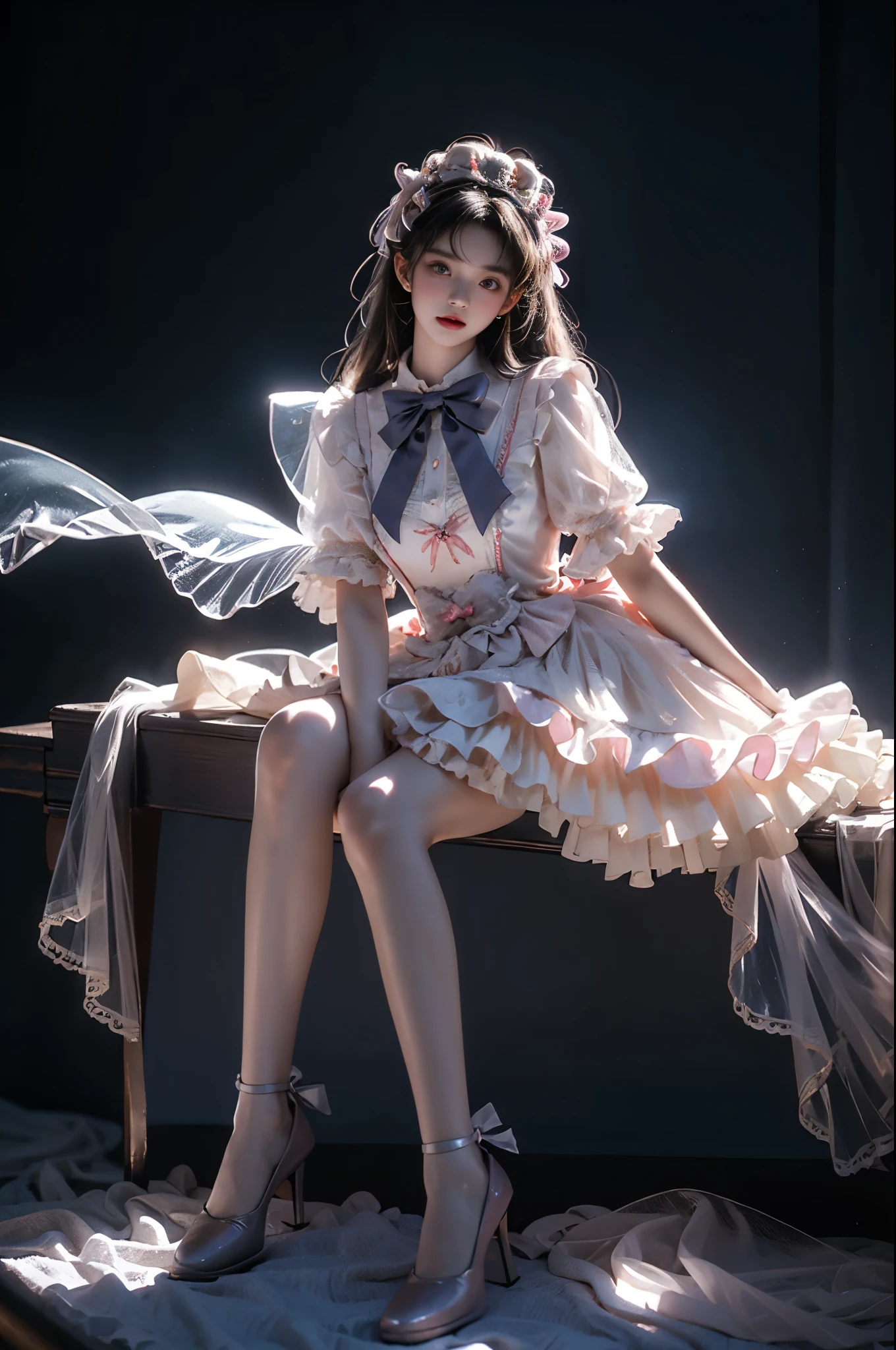 cyb dress, dress, pink dress, layered dress, frilled dress, short sleeves, ribbon, bowtie, frills, bow, dress bow, heart symbol ,, (photorealistic:1.2), beautiful young woman, (full body shot:1.4), elegant pose, sitting on stone bench, (anatomically perfect legs:1.4), (long slender legs:1.3), (graceful leg posture:1.2), elegant crossed legs, smooth knee definition, natural ankle position, (proper leg proportions:1.3), realistic leg muscles, perfect calf shape, (dark moody atmosphere:1.3), (rococo style:1.1), soft pastel colors, (plasma blue flames:1.2), (glowing butterflies:1.2), ethereal lighting, surreal elements, cinematic composition, intricate details, high fashion, flowing dress, perfect symmetry, studio lighting, high quality, masterpiece, 8k uhd, ornate details, dramatic shadows, rule of thirds composition,natural leg joints, correct knee placement, proper thigh length, anatomically correct ankles, realistic leg curvature, perfect leg symmetry, fashion model legs, professional leg pose, runway model proportions,wide shot, full figure, clear view, high-end fashion photography, professional photography, perfect composition, golden ratio