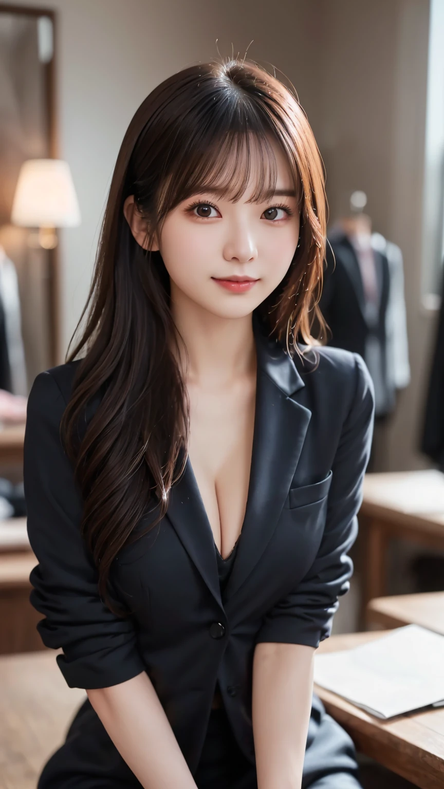 (suit : 1.5), (work room background : 1.5), (Curled hair 1.5), (Delicate and realistic hair, Realistic black Hair), bangs, smile, ((white indoor)), ( 18 year old female : 1. 2), young and adorable Japanese face, Official Art, high definition CG Unity 8k wallpaper,Ultra high definition ,Very detailed, half photos with Brazil, high definition , Kodak Portrait 400, film grain , lens flare glow, best quality,8k, as a portrait shot,8k, Show viewer , ((masterpiece)), (( best quality)), ( super detailed), ((cute)), (( sexy)), (( Very detailedな)), (detailed clothing features), (beautiful), Illustration, beautiful Japanese woman, ((1 female)), (Bold Cleavage : 1.1)