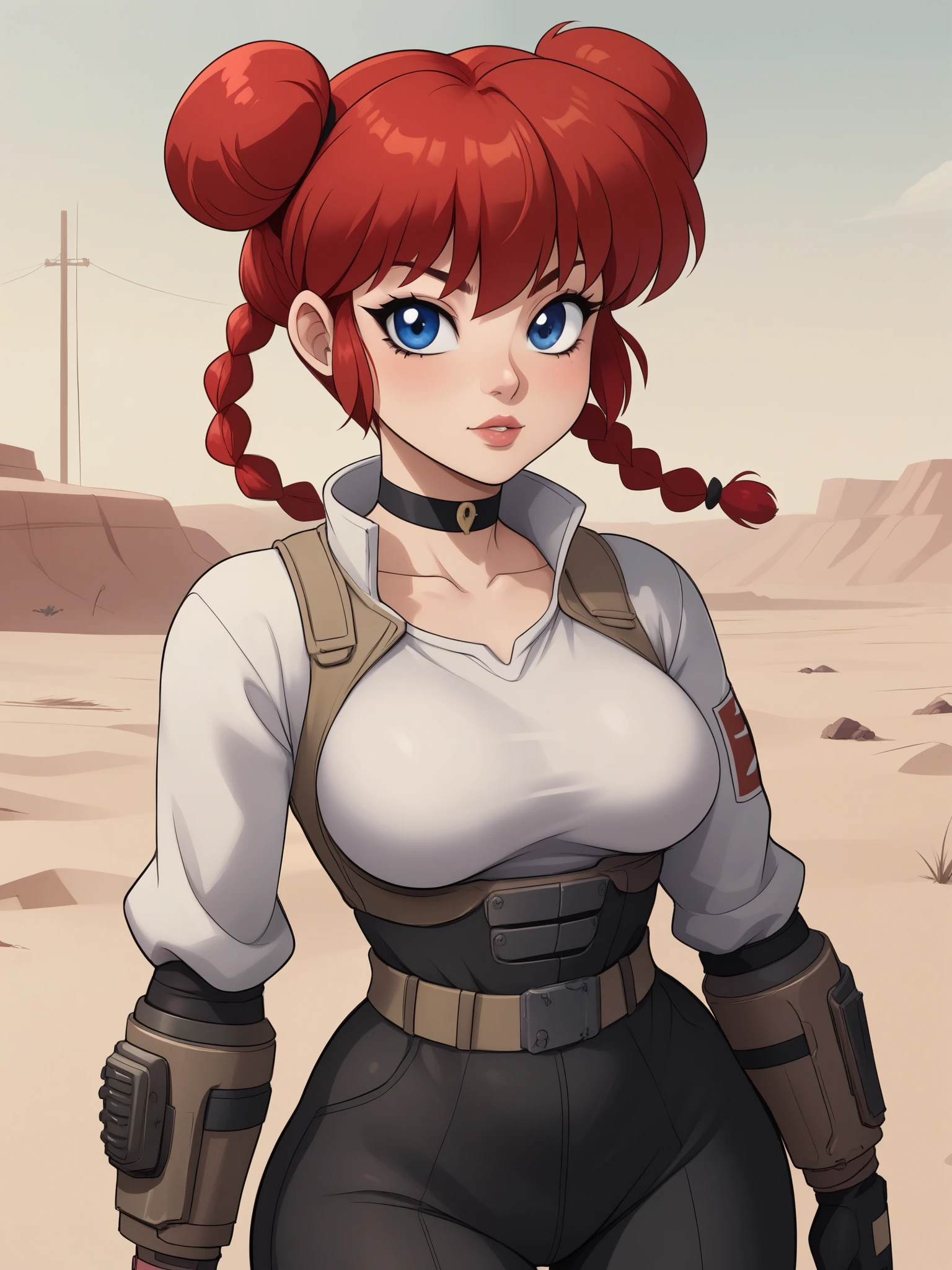 Ranma Saotome. red hair. Blue eyes. pigtail. small saggy breasts. hige hips. slim dody. choker. black eyeliner. pink manicure. shirt. fallout suit. desert. settlement. 