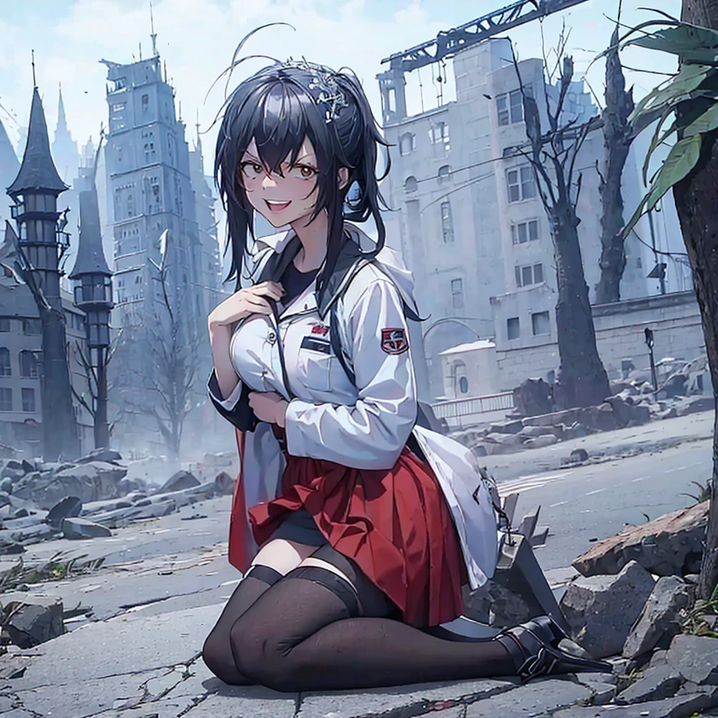 masterpiece,  Top quality,  city ruins and fires in the background, Anime girl kneeling on the ground, White SS,  4k comic wallpaper  , bleach, Exterminator, Chartier Bullard , Cool anime 8K,  gapmoe Yandere , Yandere,  from Albedo , Creepy smile, Laughter,  angular laughter , Long brunette hair ,  white miniskirt, White long-sleeved military uniform