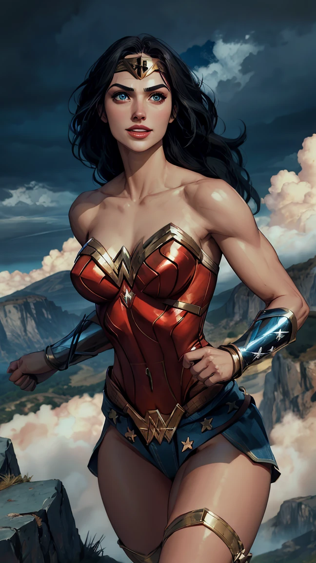 A beautiful, athletic and sculpted Wonder Woman Gal Gadot, with her whip of truth, smiling on a mountain, 1girl, photorealistic, 8k, highly detailed, chiaroscuro lighting, dynamic pose, dramatic lighting, cinematic composition, volumetric fog, cinematic camera angle, stunning scenery, lush environment, dramatic clouds, epic scale, heroic, powerful, confident, beautiful detailed eyes, beautiful detailed lips, extremely detailed face and body