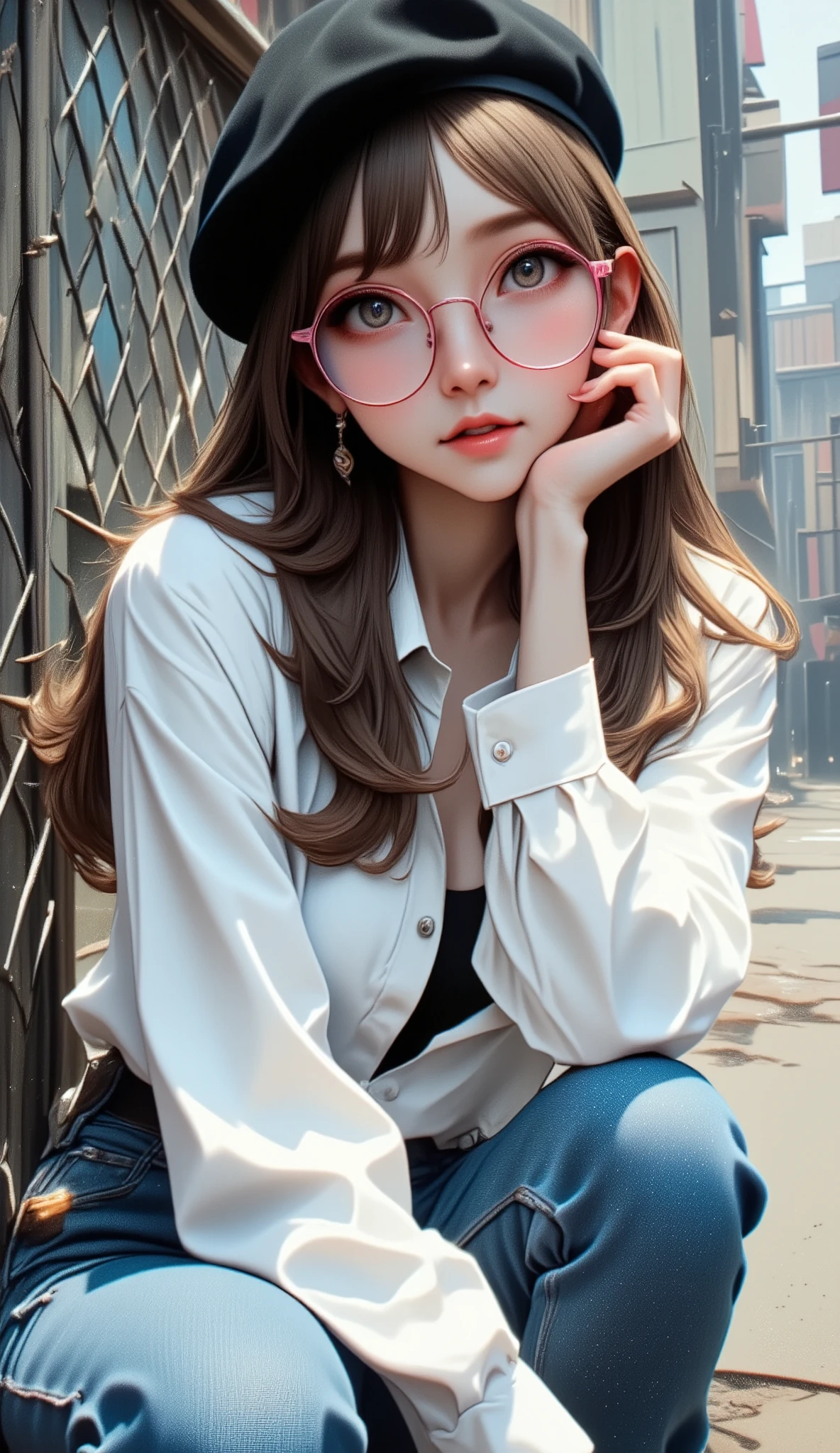 ,  a Rafa woman wearing a white shirt and torn blue jeans , He wears a black beret, rounded pink reading glasses, long brown hair,  she holds a hand to her mouth ,  sensual smile looks at the camera ,  she is crouching down holding onto a railing ,  leaning against a fence ,  a portrait of Lambert Doomer  ,  Instagram , Fine Arts, Pose casual, attractive pose, pose sexy, She is wearing street clothes, baggy jeans, pose genial, side posture,  Julia Razumova style , casual photography, with a pose genial,  thin waist and wide hips 