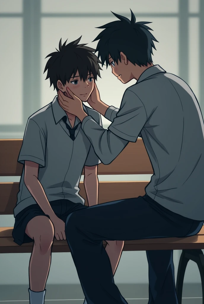 2boys , talking, indoors, (masterpiece, best quality, absurdres ), school,classroom, sportswear,looking at each other , light blush,