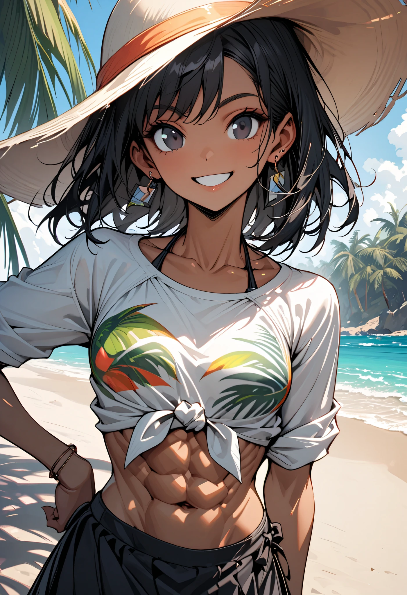 A cute tomboy girl with dark skin, medium breasts, strong abs, wearing a white shirt and jeans, smirking and showing sharp teeth, the shirt is soaked and revealing brown nipples, beach background with a orange sunset, highly detailed, anime style, 4k, best quality, masterpiece, 8k, ultra detailed anime, perfect anime style.