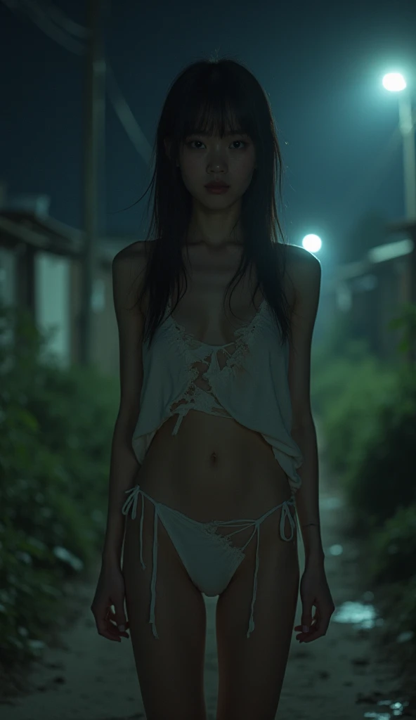a woman 5 years old , very thin body, body visible bones, very slender, body is very wet, pale white skin, panti,tatto, full body, has a mental breakdown in an underground prison