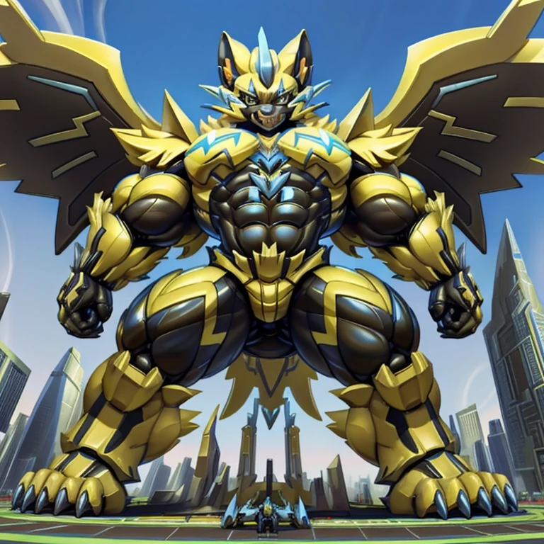 (masterpiece. official art. 8k. best quality. detailed full body. full body.)
(situation 1 : dominating zeraora. focus GIANT mechanical Muscular zeraora is trampling the CITY. macro. stomp. Low-angle perspective. emphasizing the immense size. The perspective is from below, emphasizing the sheer majesty and power of the Giant. giant art. He is much bigger than a skyscraper. Giga Giants. micro soccer field. looking down.)

(situation 2 :smoke and flames rising from the destruction in the city)

(Additional details 1: wearing a full-face helmet. helmet is jet black. The color of NANOSUIT is jet black. high-tech bio-mecha armor. real texture material. whole body shines like metal. Wearing cyberpunk mecha. emphasizes the muscles. suit fully made of metal. intricate armor. Robotic suit. suit fully made of metal. no face.). (zeraora has 5 toes.) Wearing a Full Face Toxic Gas Mask. no blue.
An arrogant expression.
smile at the corner of your mouth.

(Additional details 2: (Detailed head. Detailed Body. Detailed abs. gigantic muscles. HYPER MUSCLES. Gigachad Muscular. big muscle. pecs. triceps. traps. unusually developed muscular body. body full of huge muscles. showing off muscles. pectorales enormes. Exaggeratedly huge muscles. huge muscles. long legs.).

(Additional details 3: nj5furry, Spread wings. It has wings. black have big wings. The claws are sharp. Sharp teeth.5 toes.).  