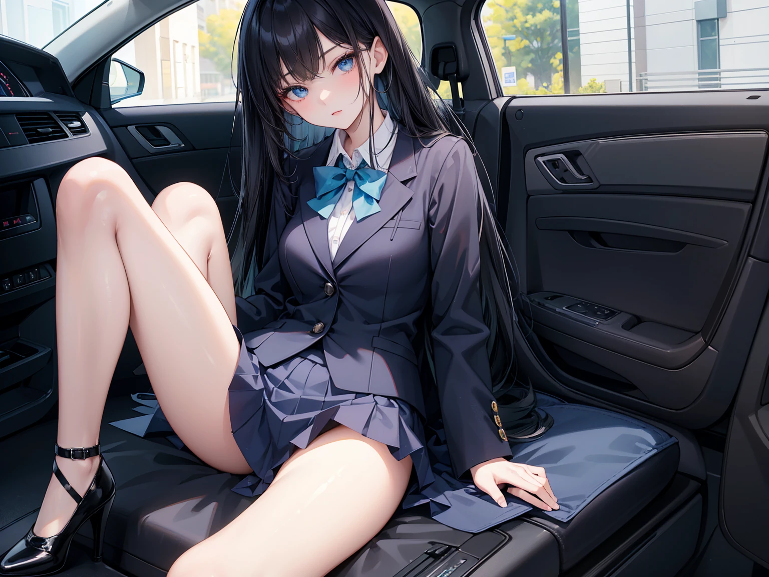    High school students   ， already, Black Hair ， With warm blue eyes   ， Wore a brand new blue suit and black heels ，  Pure white collar and bright green bow  。 has long Black Hair and warm blue eyes ， Lean back in the car seat ，  Pose Alluring , spread legs , lower body 