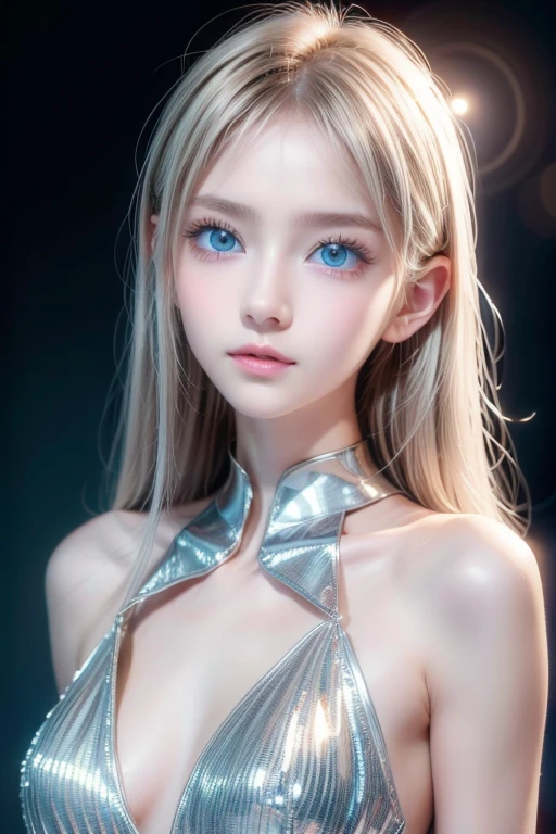  top quality、8kの傑作、 super high resolution、(Realistic:1.3)、 RAW photos 、A beautiful 14-year-old baby-faced girl of Scandinavian descent with shiny blonde hair.、 Silver Blonde Hair 、 super long straight hair 、 bangs between eyes、Hair above the eyes、片Hair above the eyes、hair between eyes、White and lustrous skin、1. Cyberpunk Super Beautiful Soldier、(( super realistic details ))、Portraiture、 Global Illumination、Shadow Realm、 octane rendering 、8k、Super sharp、 beautiful breasts、Bare skin in the cleavage is exposed、Metal、Cold colors、、 very complicated details 、Realistic Light、CG Association Trends、Very beautiful, large light blue eyes、Very big eyes、Eyes shining towards the camera、Neon Details、Small Face Beauty、Round face、Cheek highlight